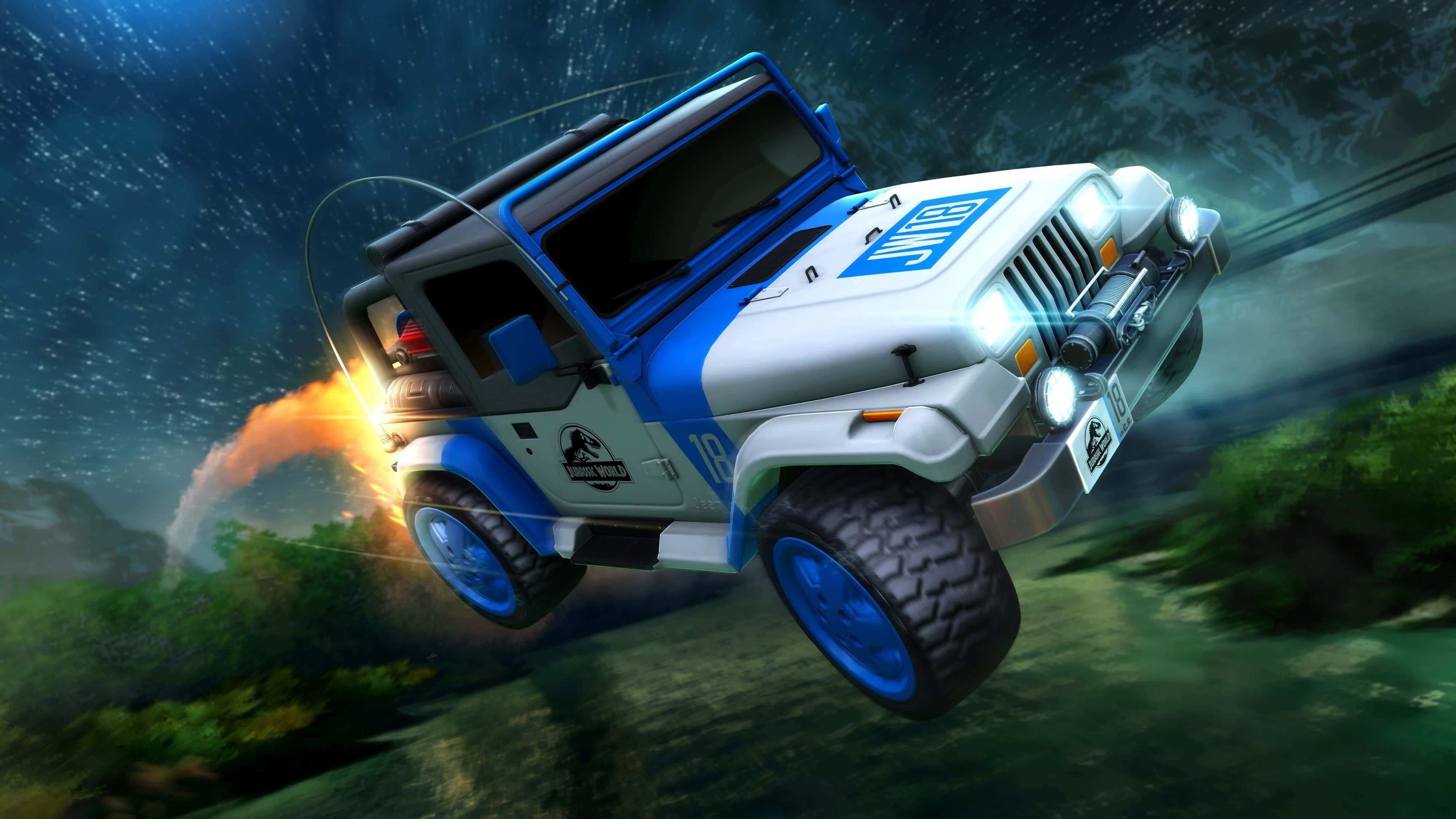 侏羅紀世界 Rocket League 4K 壁紙 — 一輛藍白色的侏羅紀公園吉普車在星空下飛馳，身後拖著熾熱的排氣管火焰。