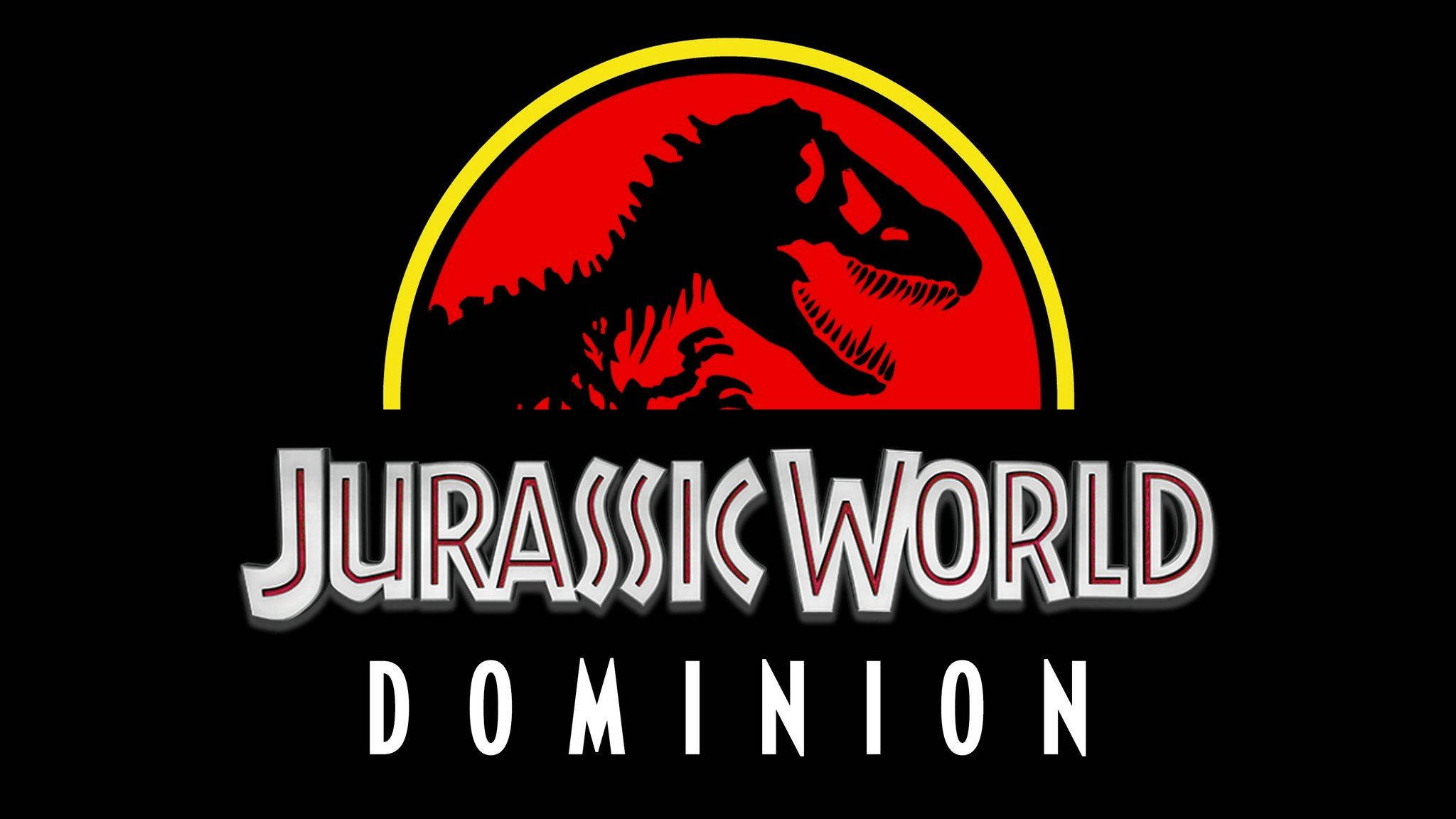 《侏羅紀世界：統霸天下》紅黑配色標誌 壁紙 — 大膽的Jurassic World Dominion標誌，在黑色背景上，一隻咆哮的T-Rex剪影映襯著帶有黃色邊緣的紅色太陽。