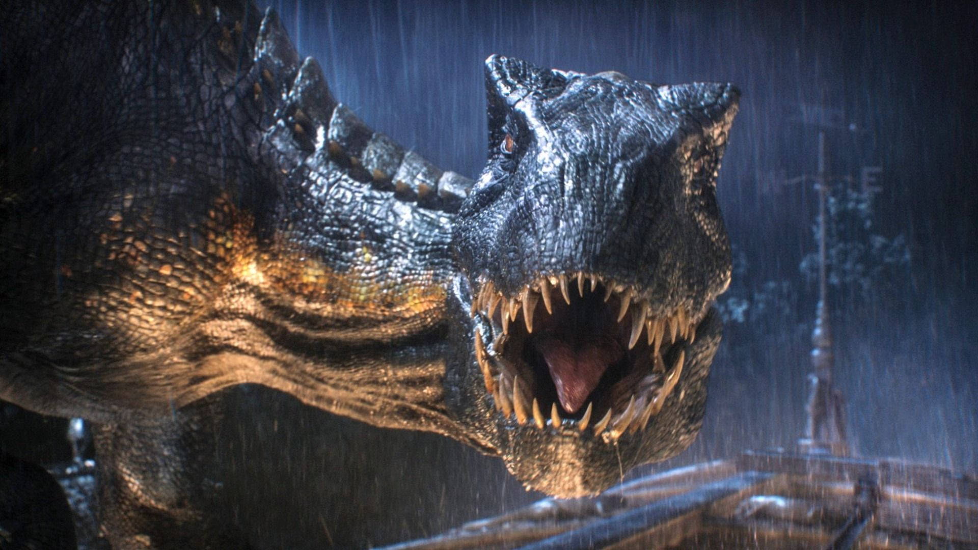 《侏羅紀世界：統霸天下》雨中阿特羅西拉aptor 壁紙 — 一隻咆哮的暴龍，眼睛發光，鱗片被雨水打濕，主宰著黑暗風暴中的城市廢墟。