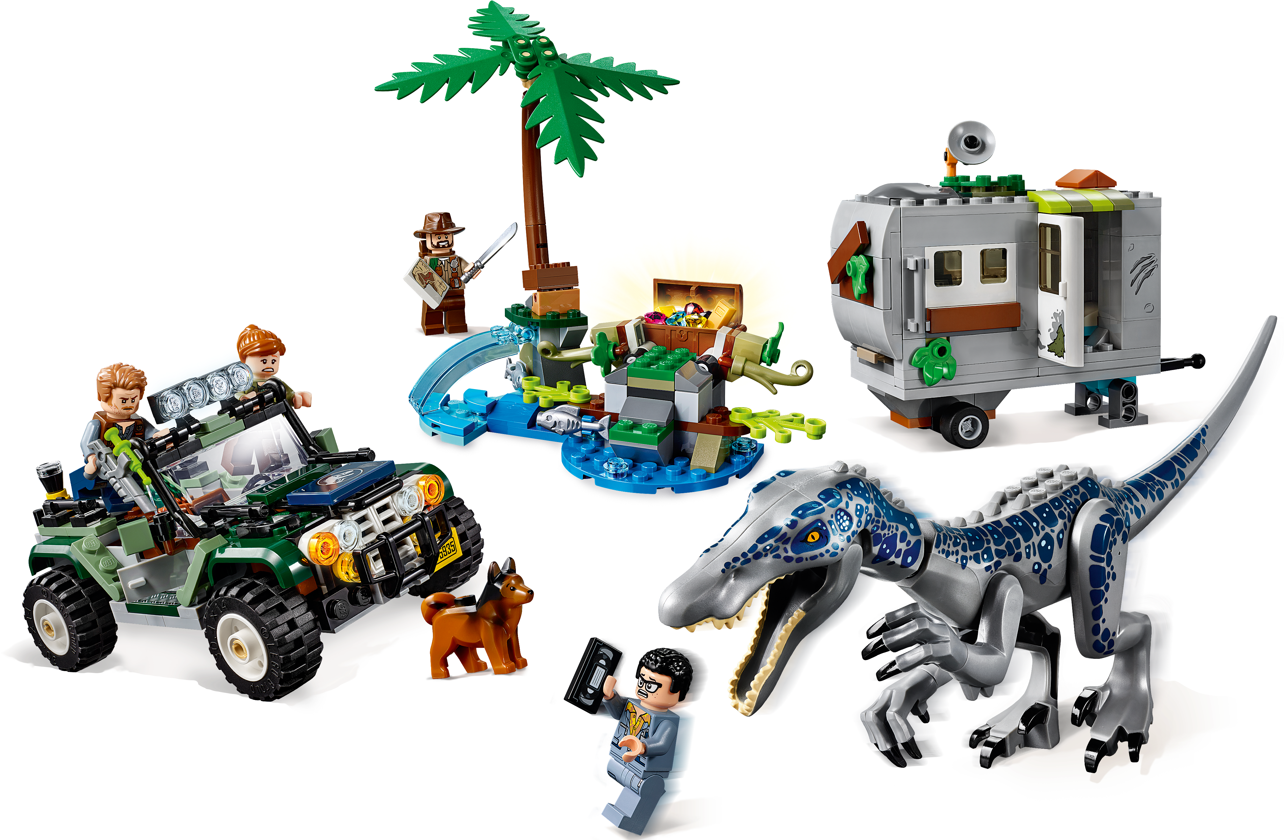 侏羅紀世界樂高冒險套裝 壁紙 — 一個LEGO Jurassic World場景，包含藍色迅猛龍、吉普車、露營車和叢林元素，背景為黑色。