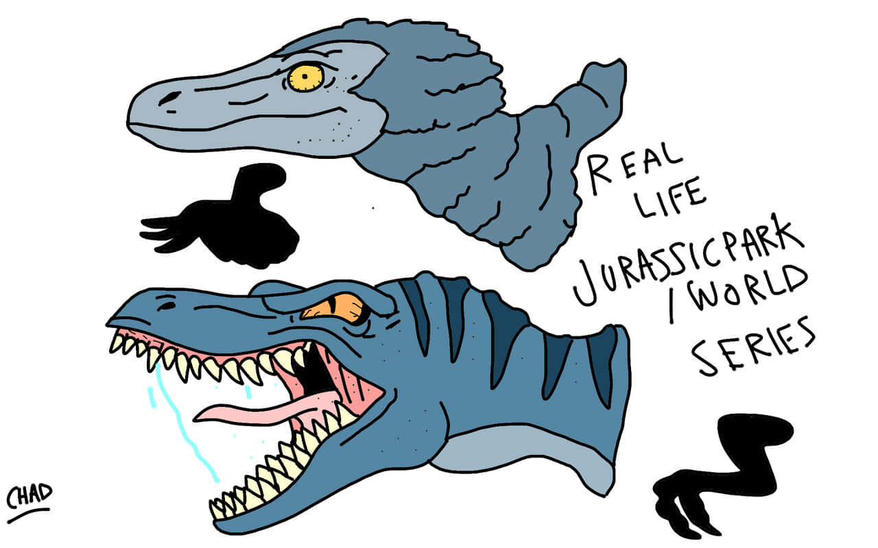 兩隻藍色卡通恐龍，黃色眼睛和黑色剪影，標有「REAL LIFE JURASSIC PARK / WORLD SERIES」。
