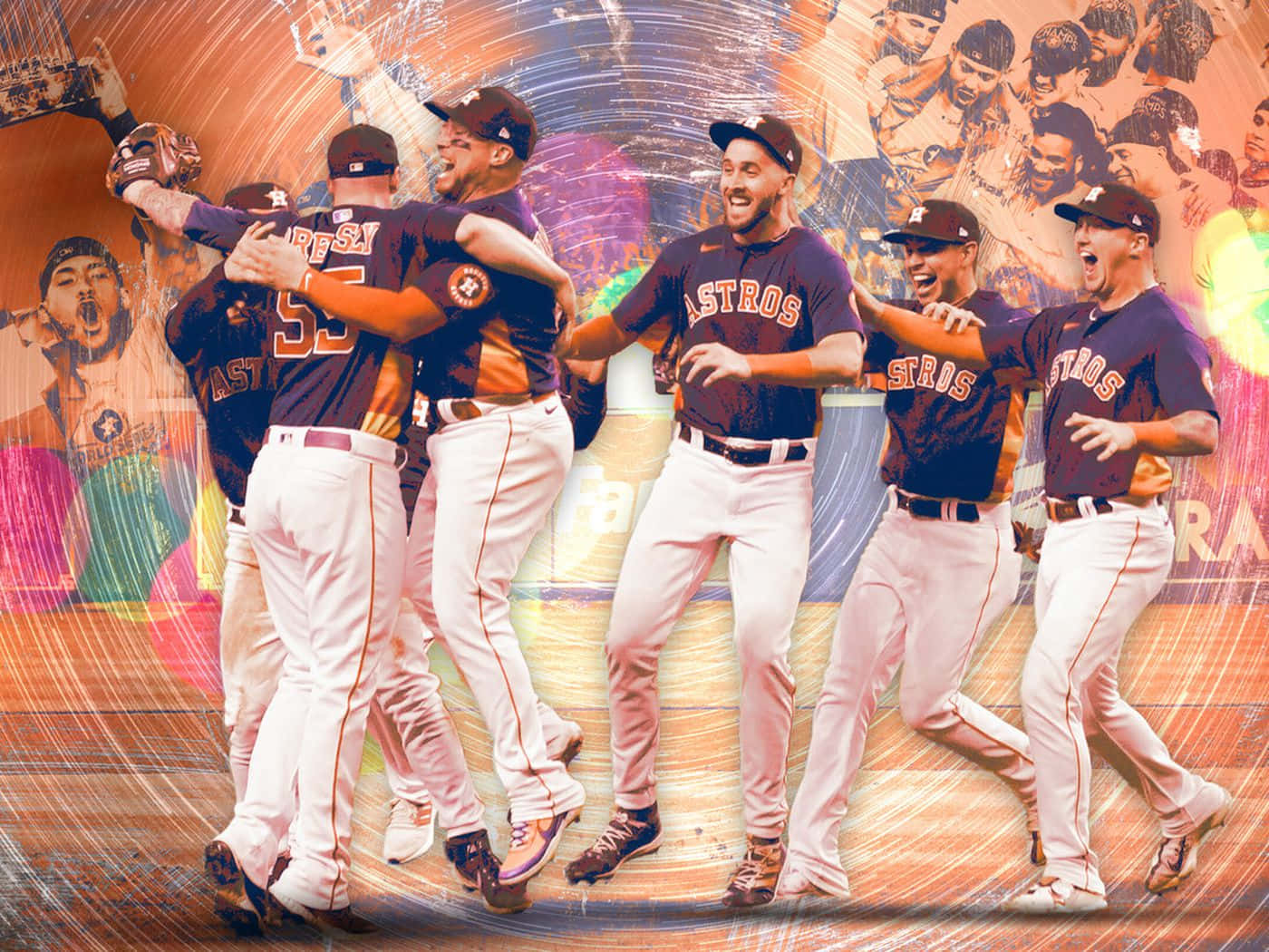 Astros 桌布 壁紙 — 侯斯頓太空人棒球選手在充滿活力的動作中慶祝，背後有動態漩渦和球迷圖像。