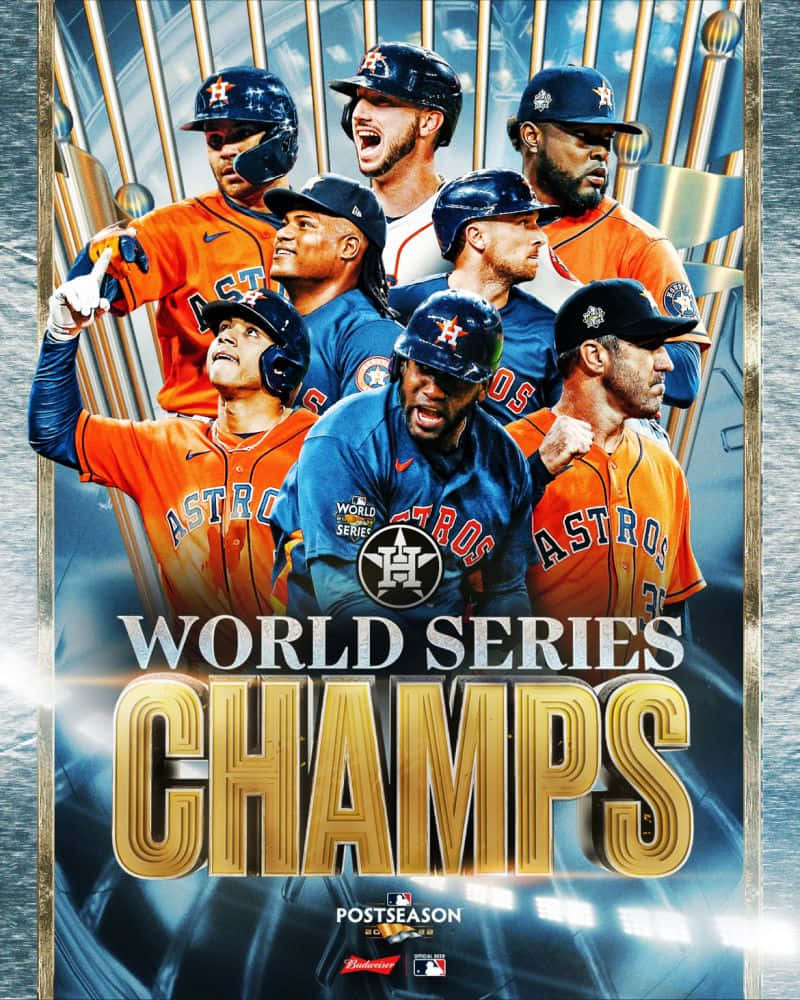 Astros 桌布 壁紙 — 侯斯頓太空人棒球選手慶祝世界大賽勝利，身後閃耀著冠軍獎盃。