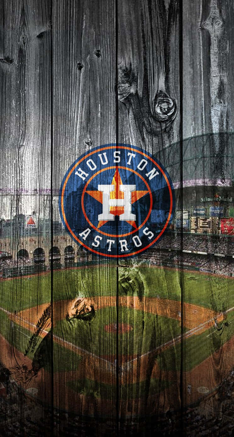 Astros 桌布 壁紙 — 侯斯頓太空人標誌居中於風化木紋質感上，背景為褪色的棒球場。