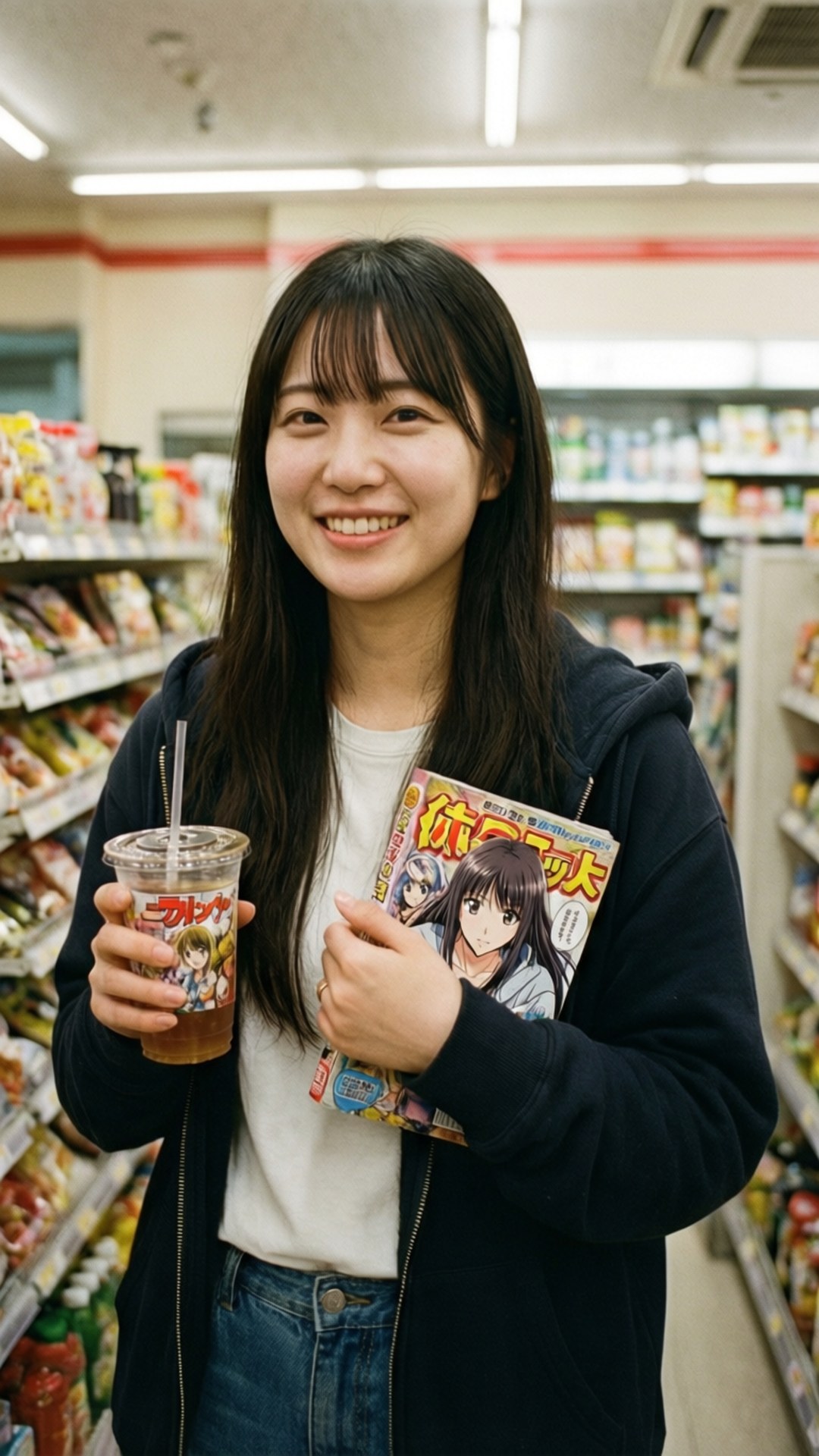 年輕女性在便利店通道中手持漫畫和飲料