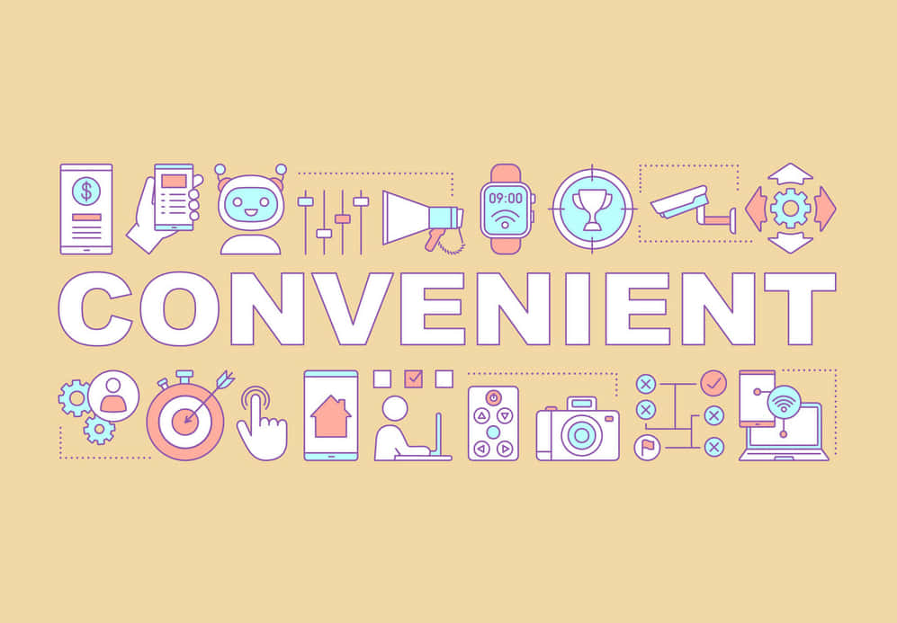 帶有「convenient」一詞以及科技和服務圖標的圖形設計。