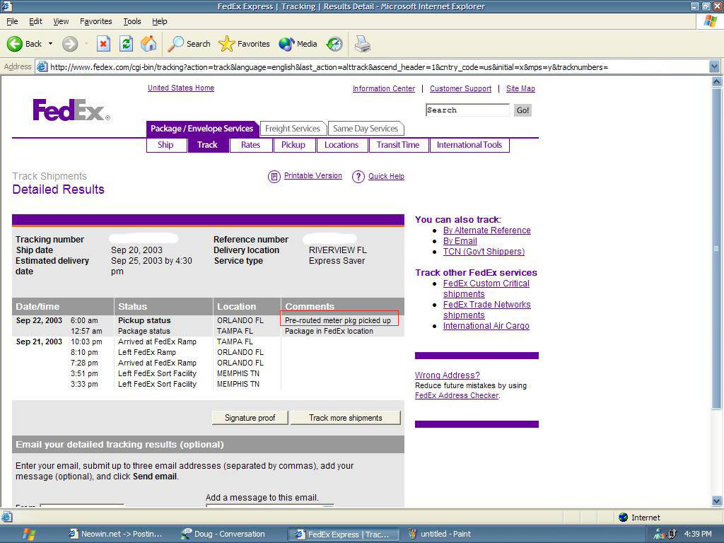 2003 年的 FedEx 包裹追蹤結果顯示在舊版網頁瀏覽器中。