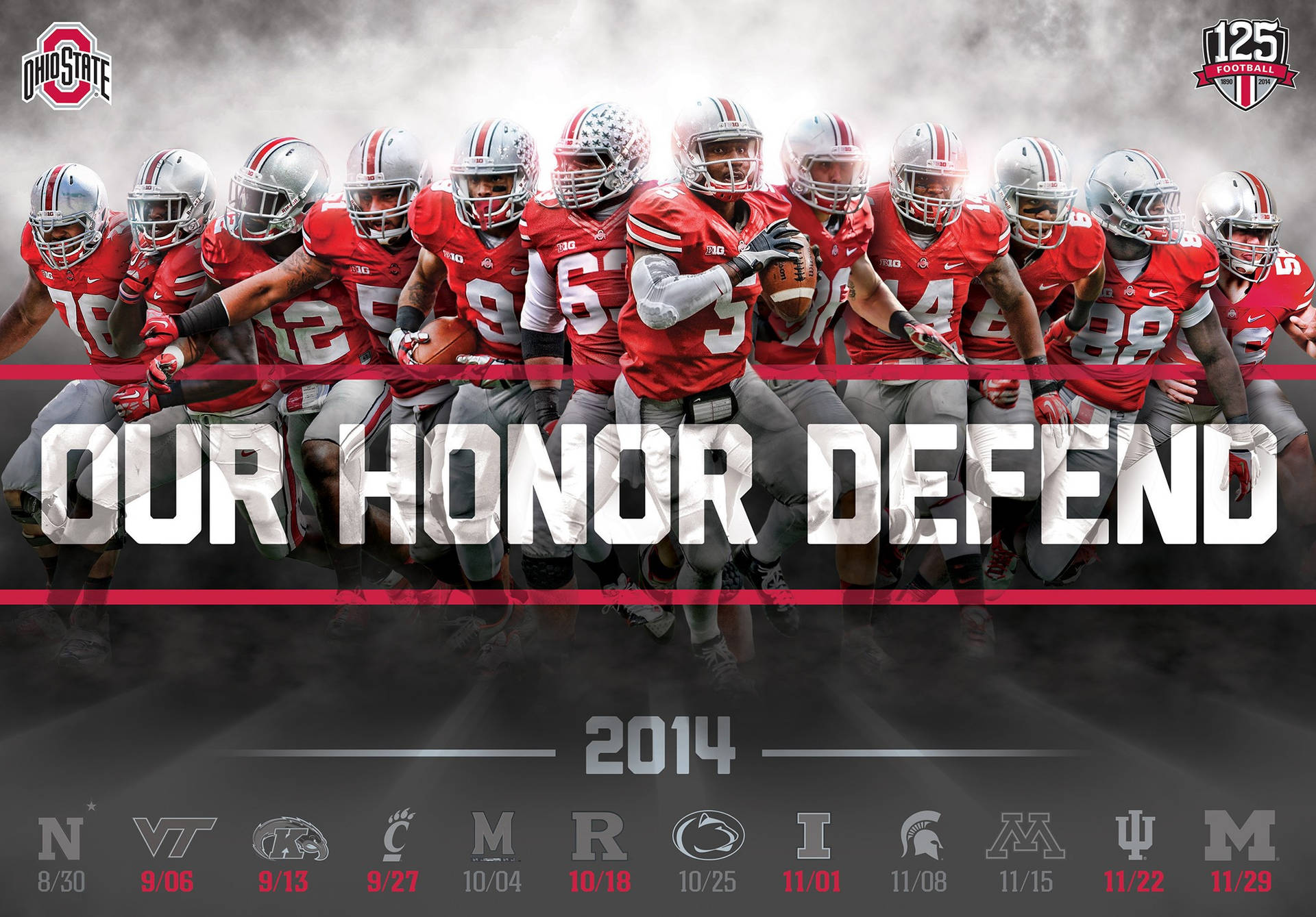 俄亥俄州立大學美式足球隊身穿紅色球衣，帶著「Our Honor Defend」文字向前衝刺。