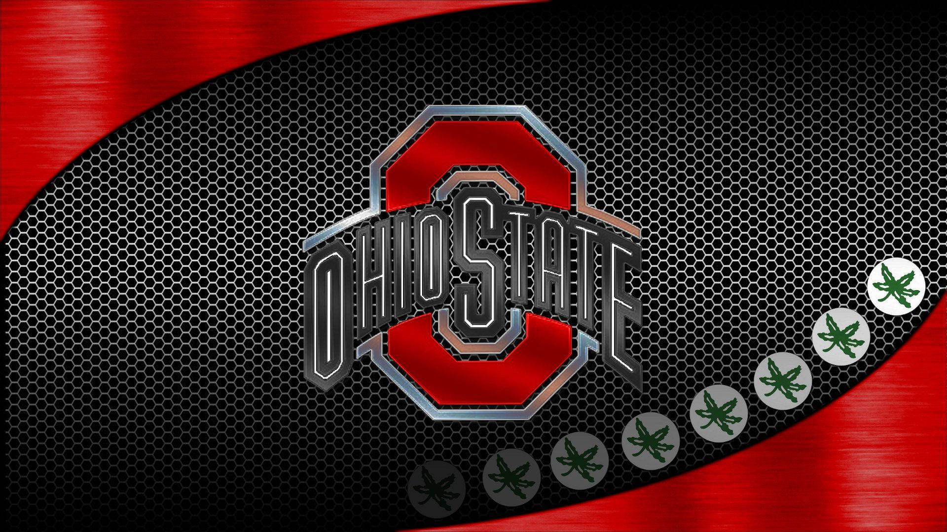 Go Buckeyes! 壁紙 — 俄亥俄州立大學標誌，紅黑配色，金屬光澤，六角網格背景，兩側有大麻葉圖標。