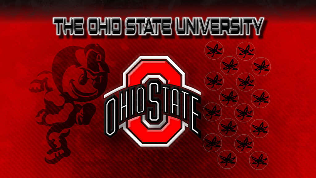 俄亥俄州立大學標誌與 Brutus Buckeye 吉祥物和 buckeye 葉子圖標在紅色背景上。
