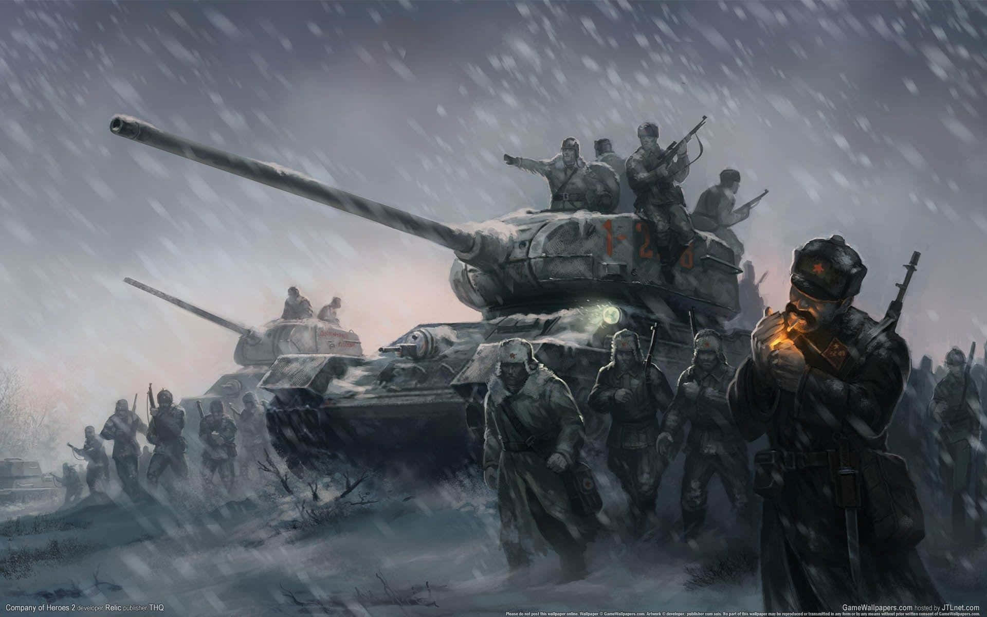 士兵和坦克在冬季風暴中穿過白雪覆蓋的戰場。