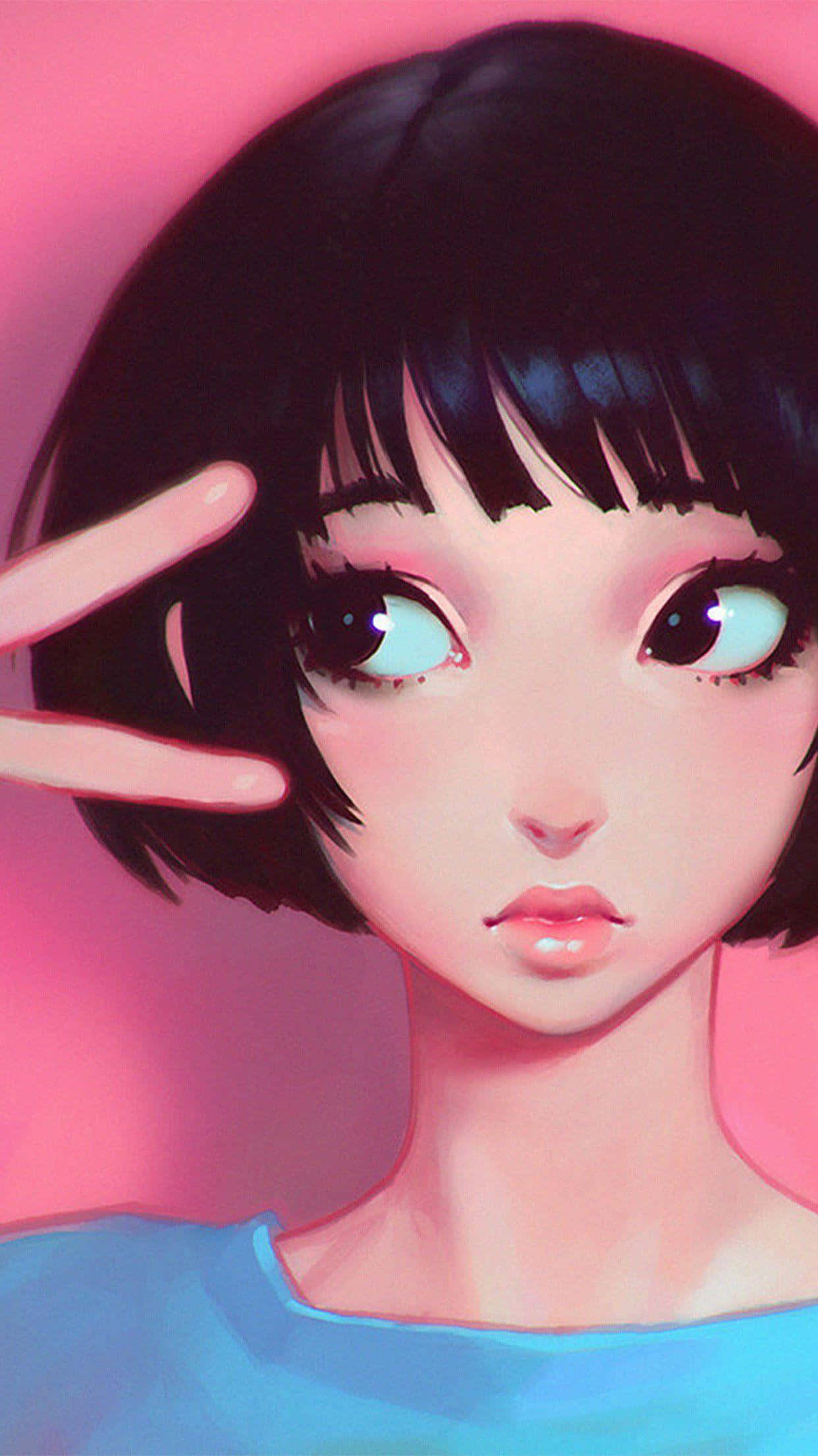 俄羅斯插畫家 Ilya Kuvshinov 作品 — 剪刀與少女 壁紙 — 一個短黑髮、發光青色眼睛的動漫女孩特寫，在柔和的粉紅色背景前比出和平手勢。