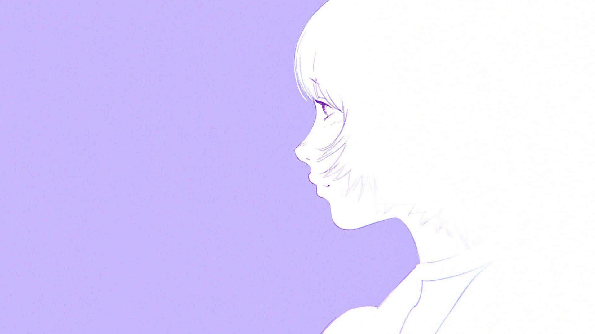 動漫女孩側面，白髮紫眼，薰衣草色背景。