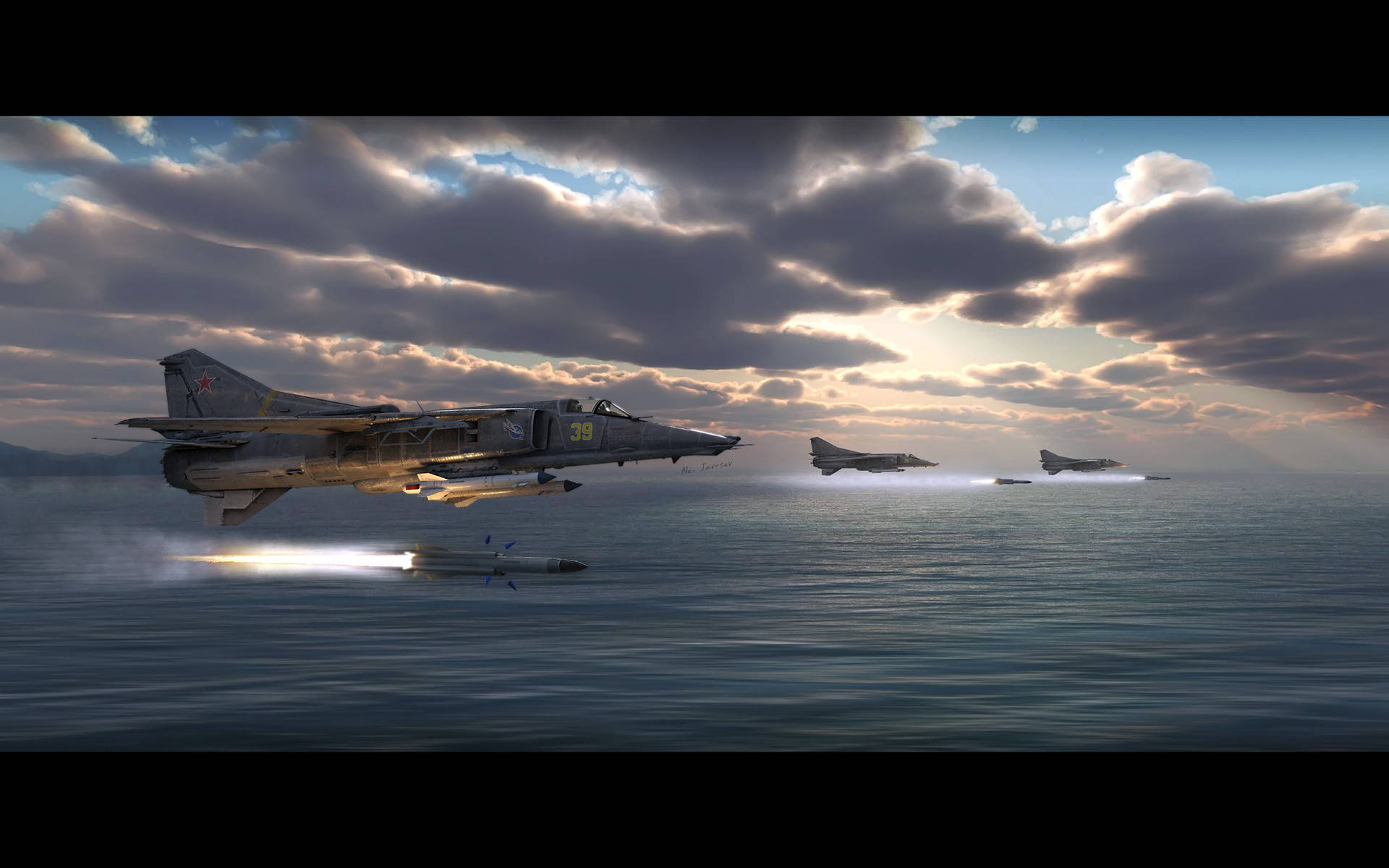俄羅斯空軍 MiG-23 壁紙 — 三架戰鬥機在壯麗的日落天空下低飛越過海洋水面發射導彈，伴隨著翻滾的雲層。