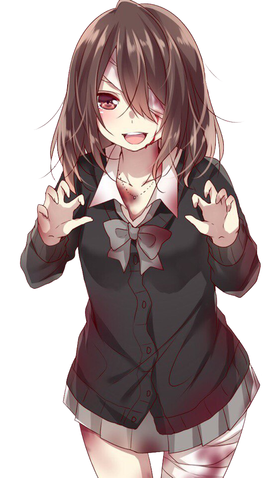俏皮動漫吸血鬼女孩 壁紙 — 穿著校服、棕色頭髮和紅色眼睛的動漫女孩微笑著，在白色背景前展示帶爪的手。