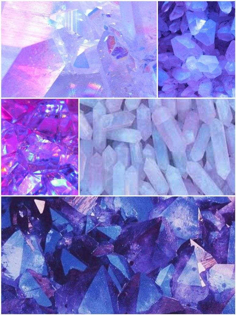 紫色、藍色和粉紅色調的彩色刻面水晶特寫拼貼畫。