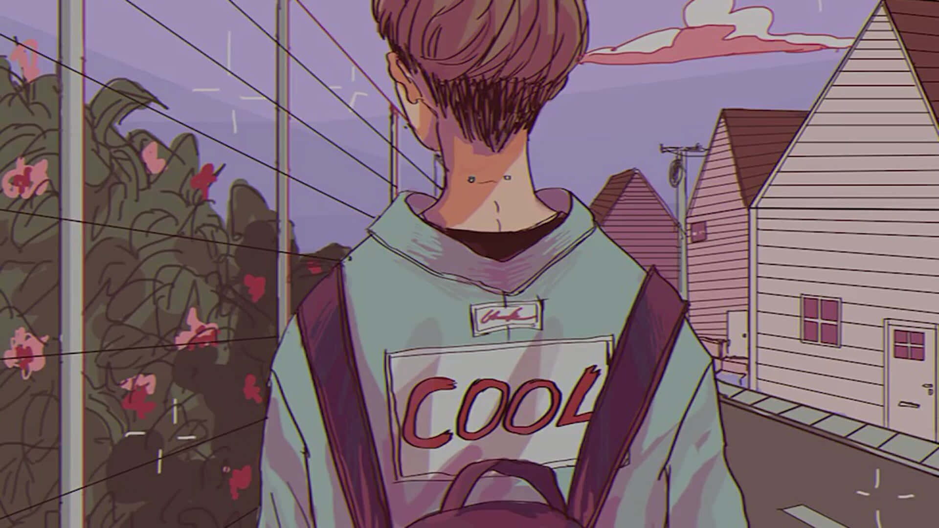 保持冷靜！ 壁紙 — 一個穿著「COOL」連帽衫的年輕人背著背包，面向黃昏時分有粉紅色花朵和柔和色調房屋的郊區街道。