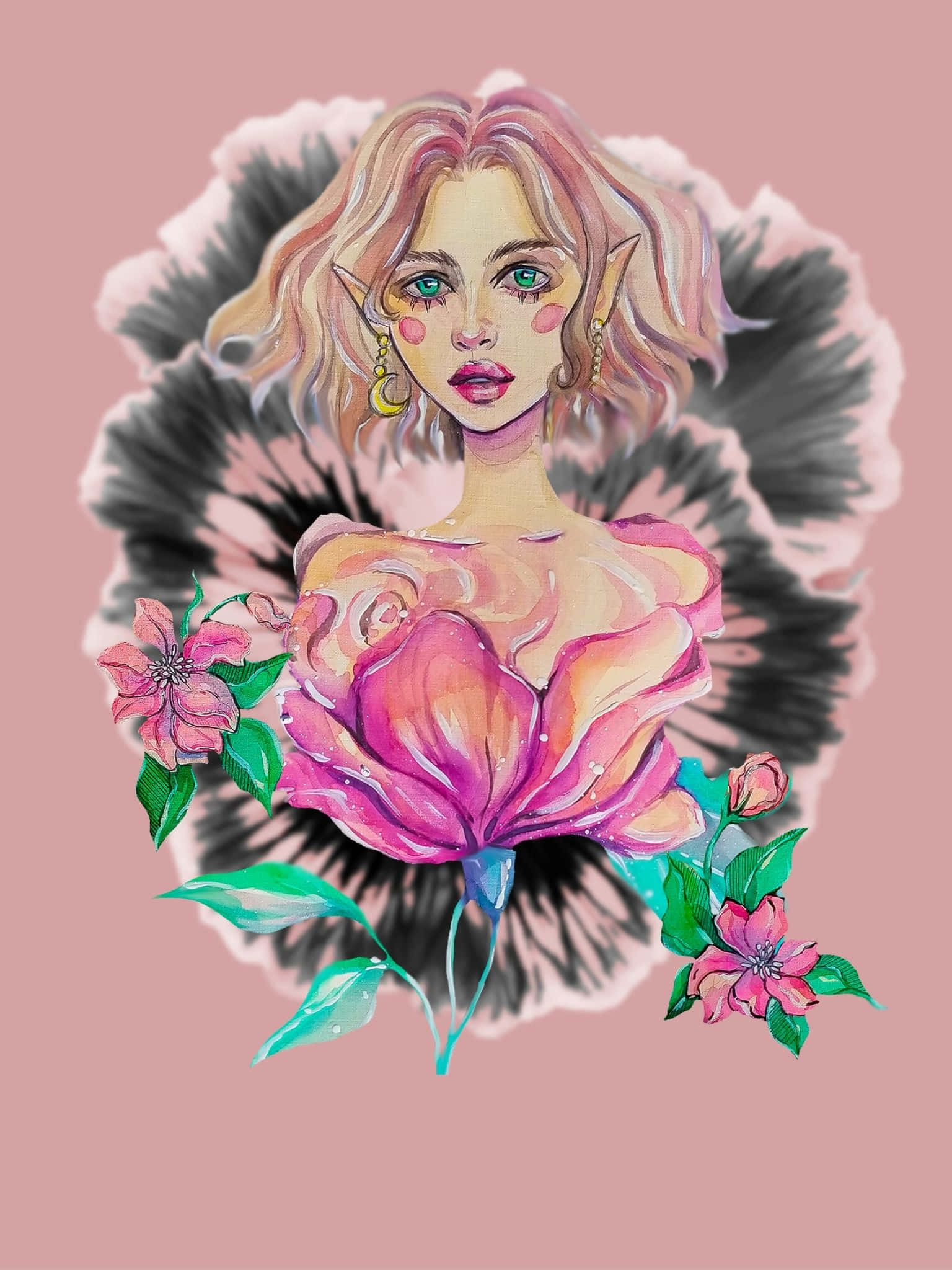保持冷靜 壁紙 — 一幅水彩插圖，描繪一位粉紅髮綠眼的精靈，被一朵大型黑白花朵框住，周圍環繞著粉紅花朵，背景為柔和粉紅色。