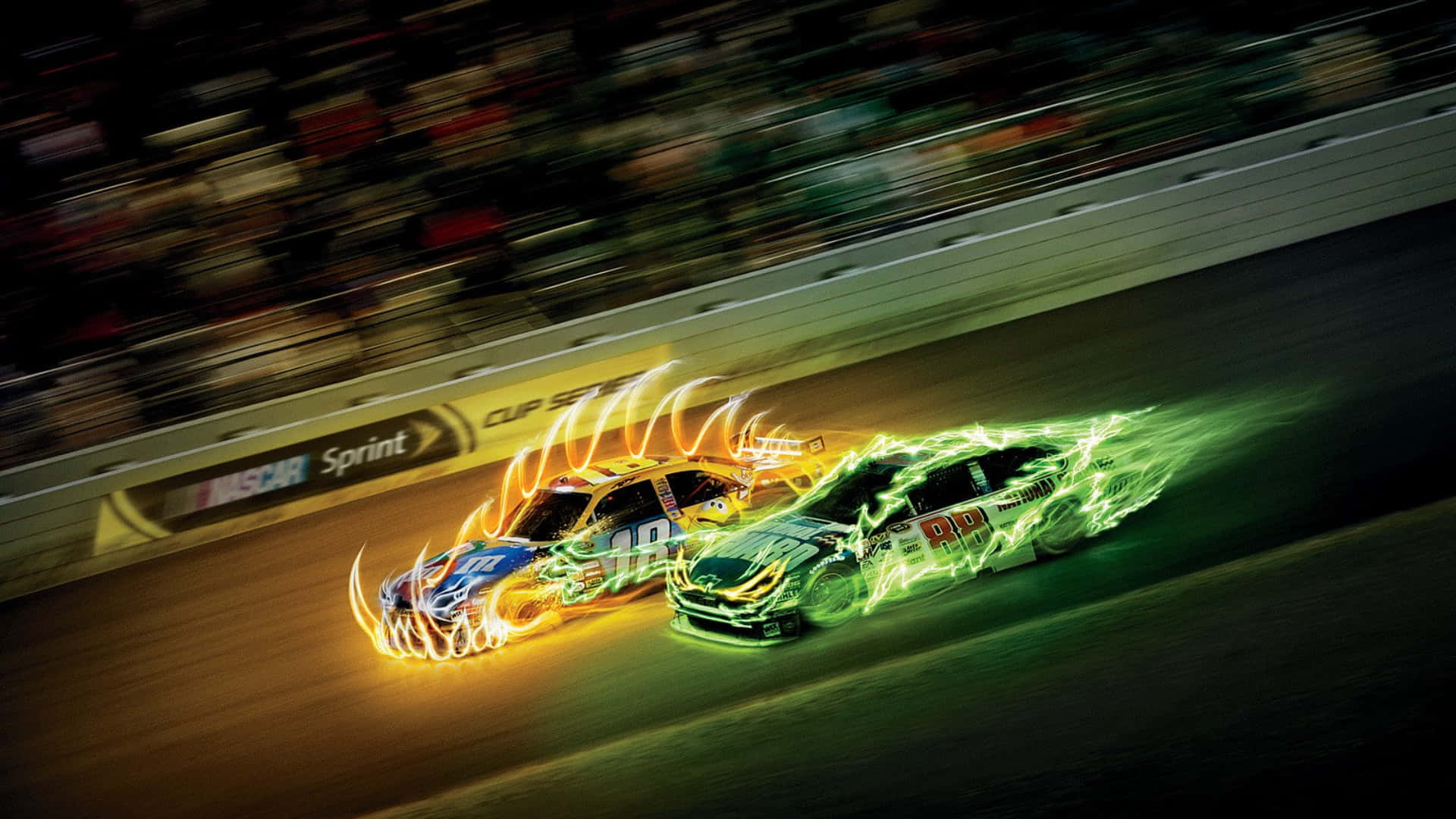 保持冷靜 壁紙 — 兩輛NASCAR賽車在賽道上並排飛馳，留下火橙色和電光綠色的能量軌跡。