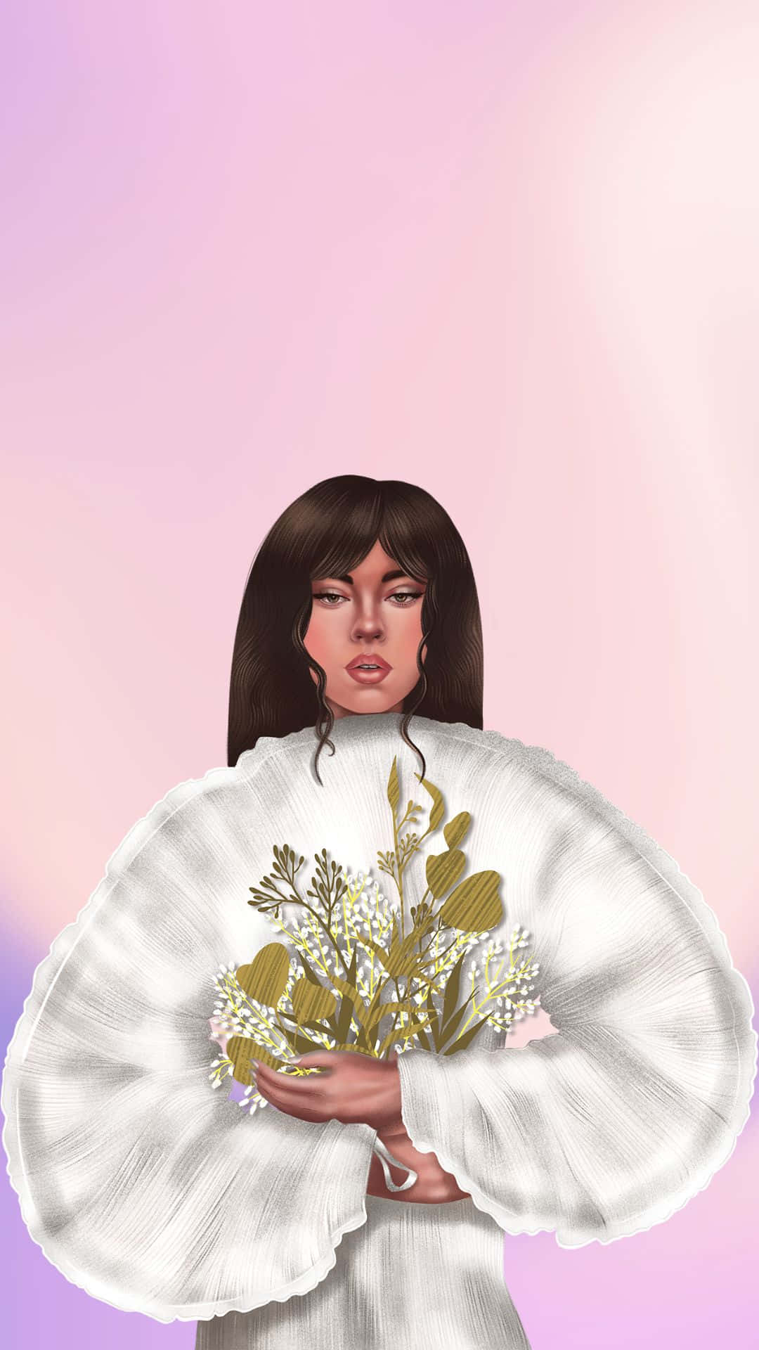 保持冷靜 壁紙 — 一幅數碼插圖，描繪一位身穿白色荷葉邊連衣裙的女子，在柔和的粉紅與紫色漸變背景前，手持一束金色與白色的花束。