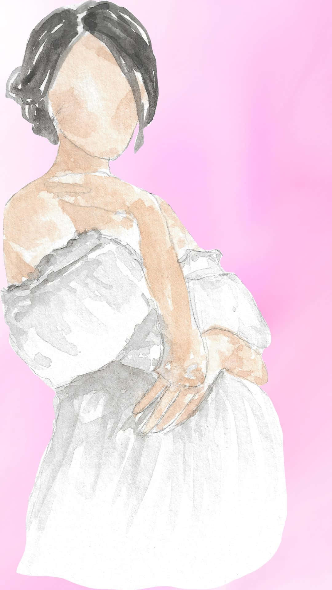保持冷靜 壁紙 — 一幅水彩插圖，描繪一位身穿白色連衣裙的女性，背景為柔和粉紅色。