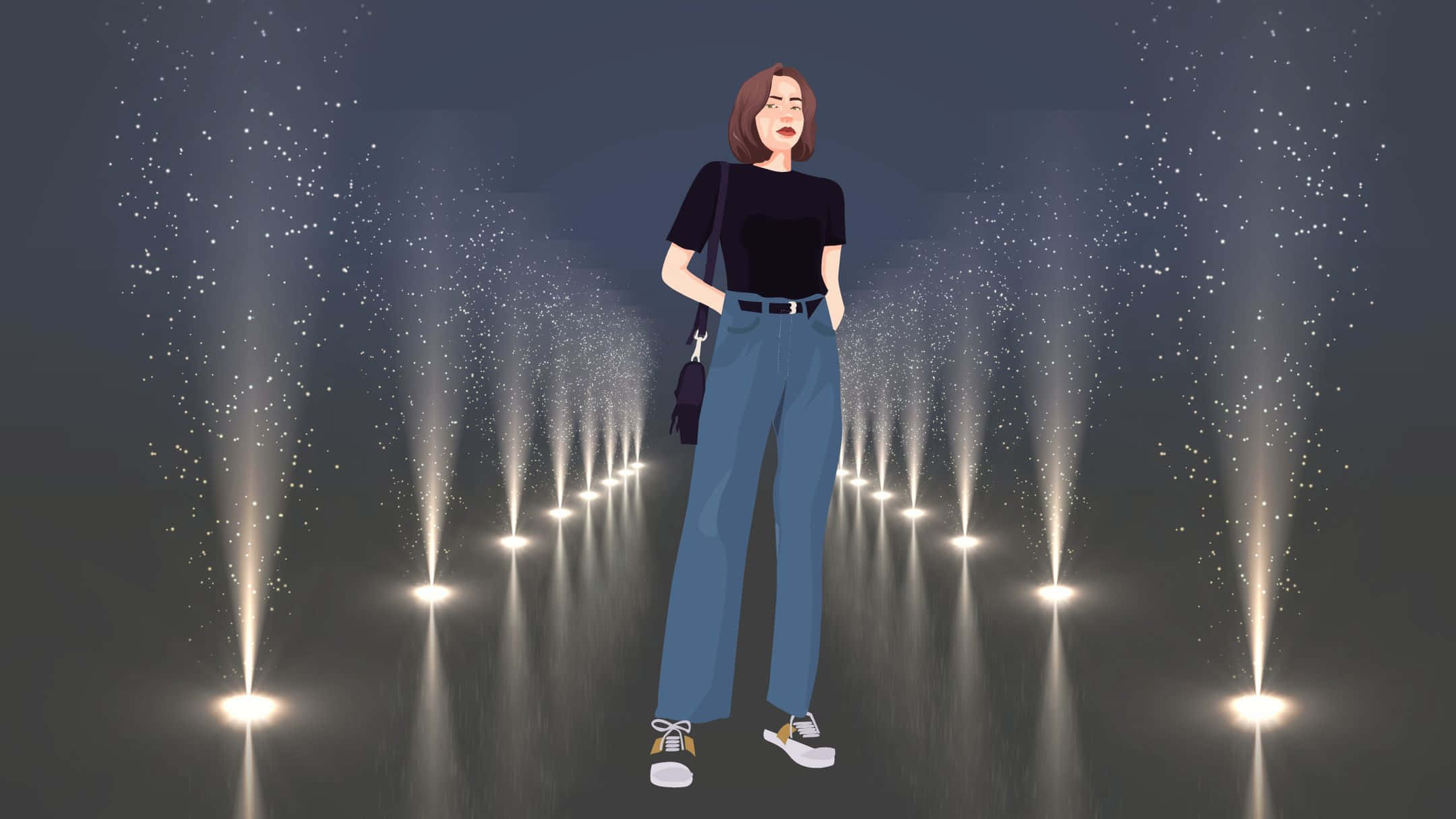 保持冷靜 壁紙 — 一位女士自信地站在一條黑暗的走廊中，走廊被發光的聚光燈和閃爍的粒子照亮。