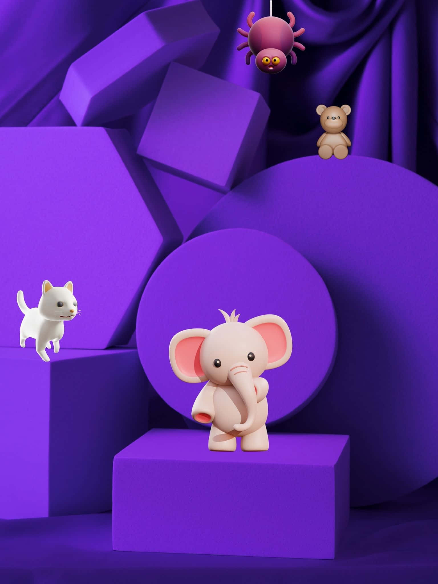 「保持冷靜」 壁紙 — 一個奇幻的3D渲染場景，粉紅色大象貓蜘蛛和泰迪熊漂浮在紫色幾何形狀之間。