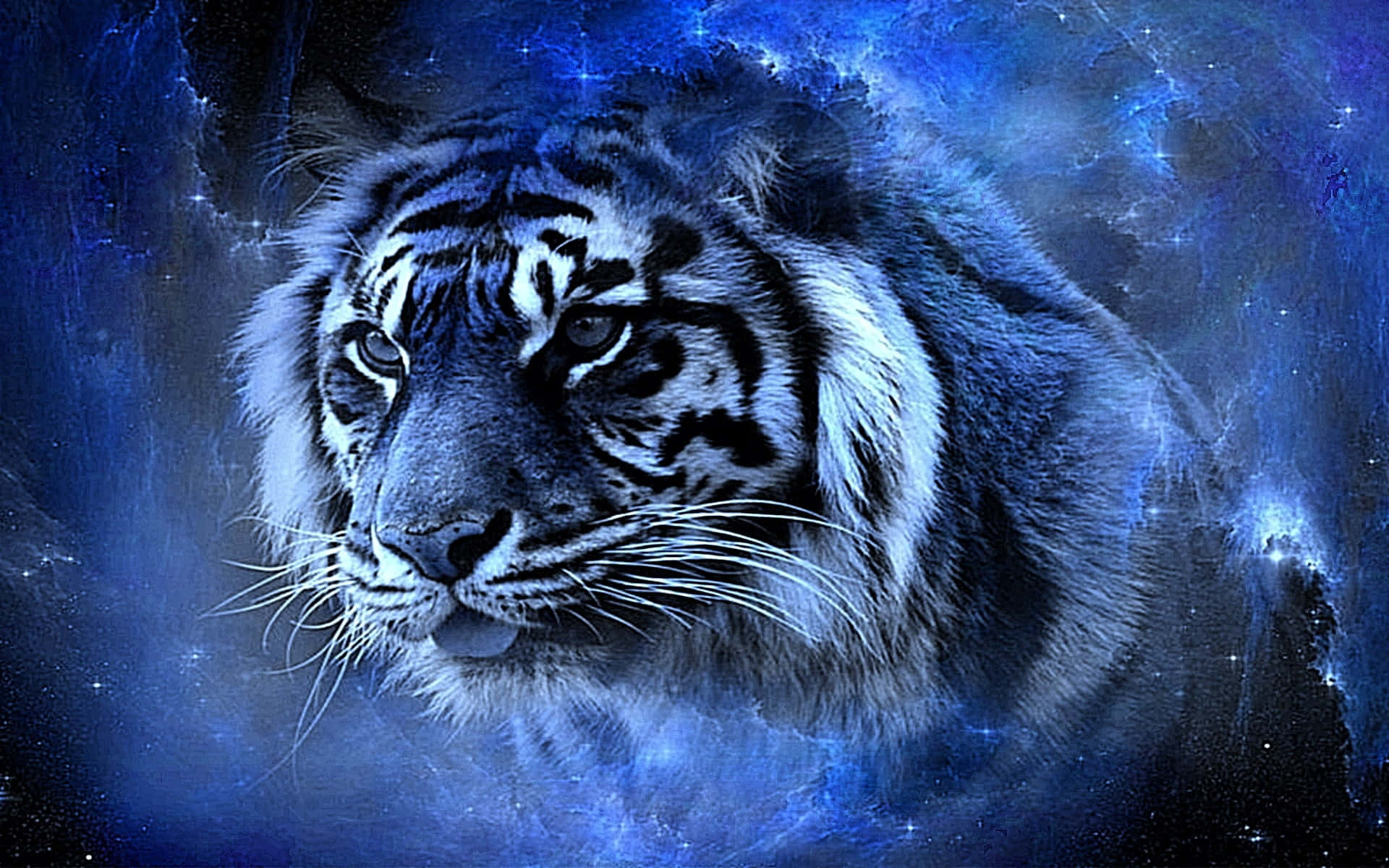 保持冷靜 壁紙 — 一隻威嚴的白虎，雙眼發光，凝視著充滿星辰、旋轉的宇宙藍色星雲。