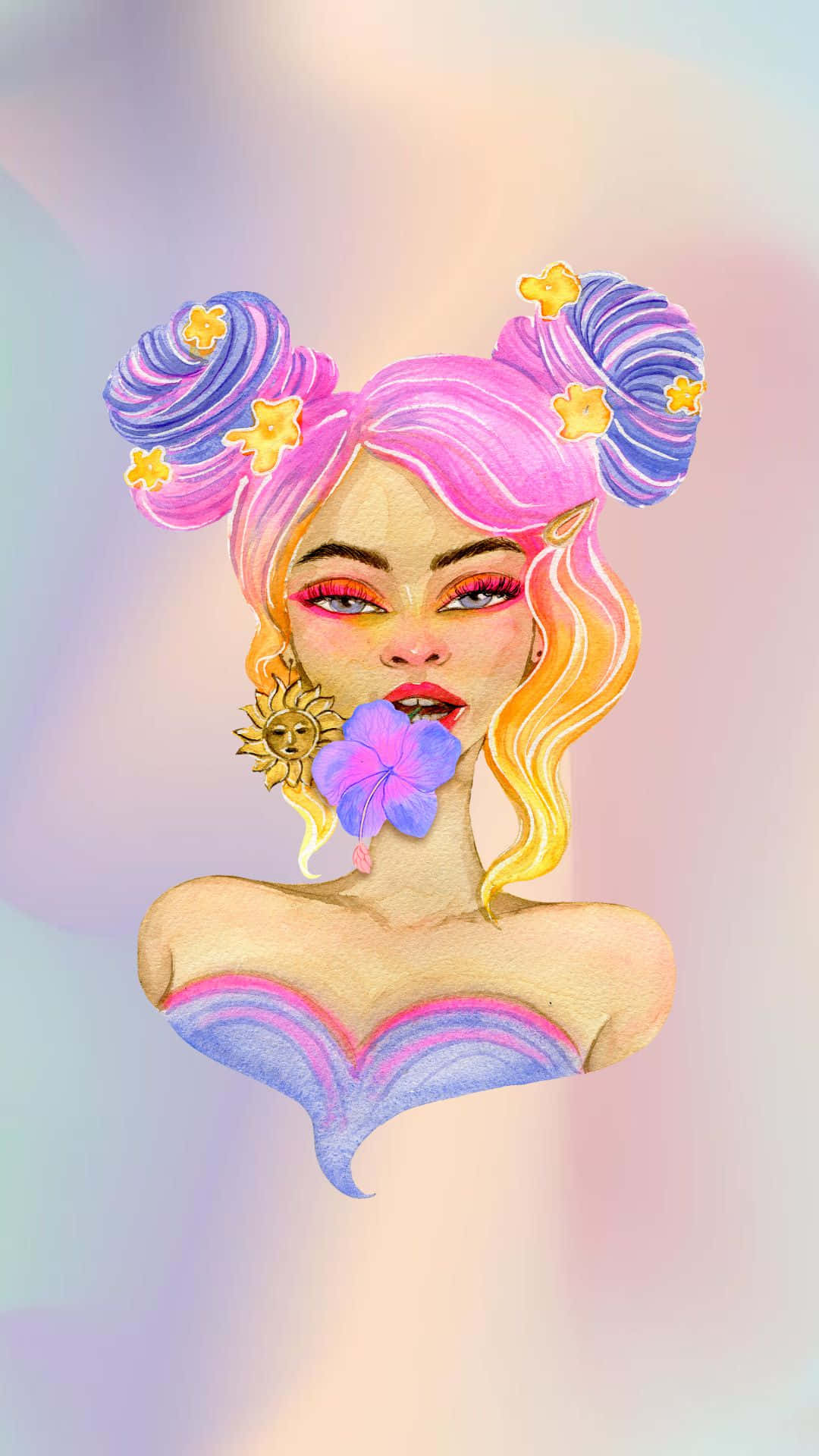 保持冷靜 壁紙 — 一位充滿活力的插圖女性，擁有粉紅色和金色的頭髮，造型成宇宙髮髻，飾有星星，嘴唇附近有一朵紫色的花。