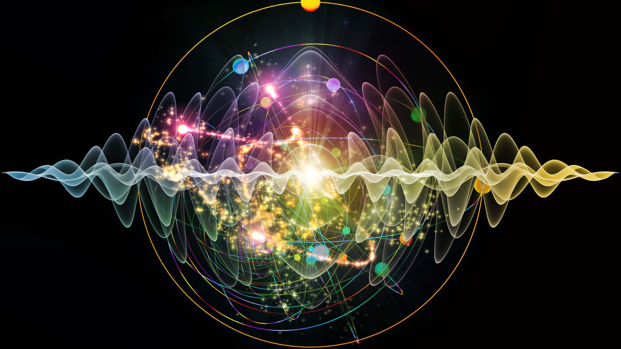保持冷靜 壁紙 — 一道充滿活力的宇宙波，由發光粒子和彩色球體組成，在黑暗虛空中脈動，並由同心金色環框住。