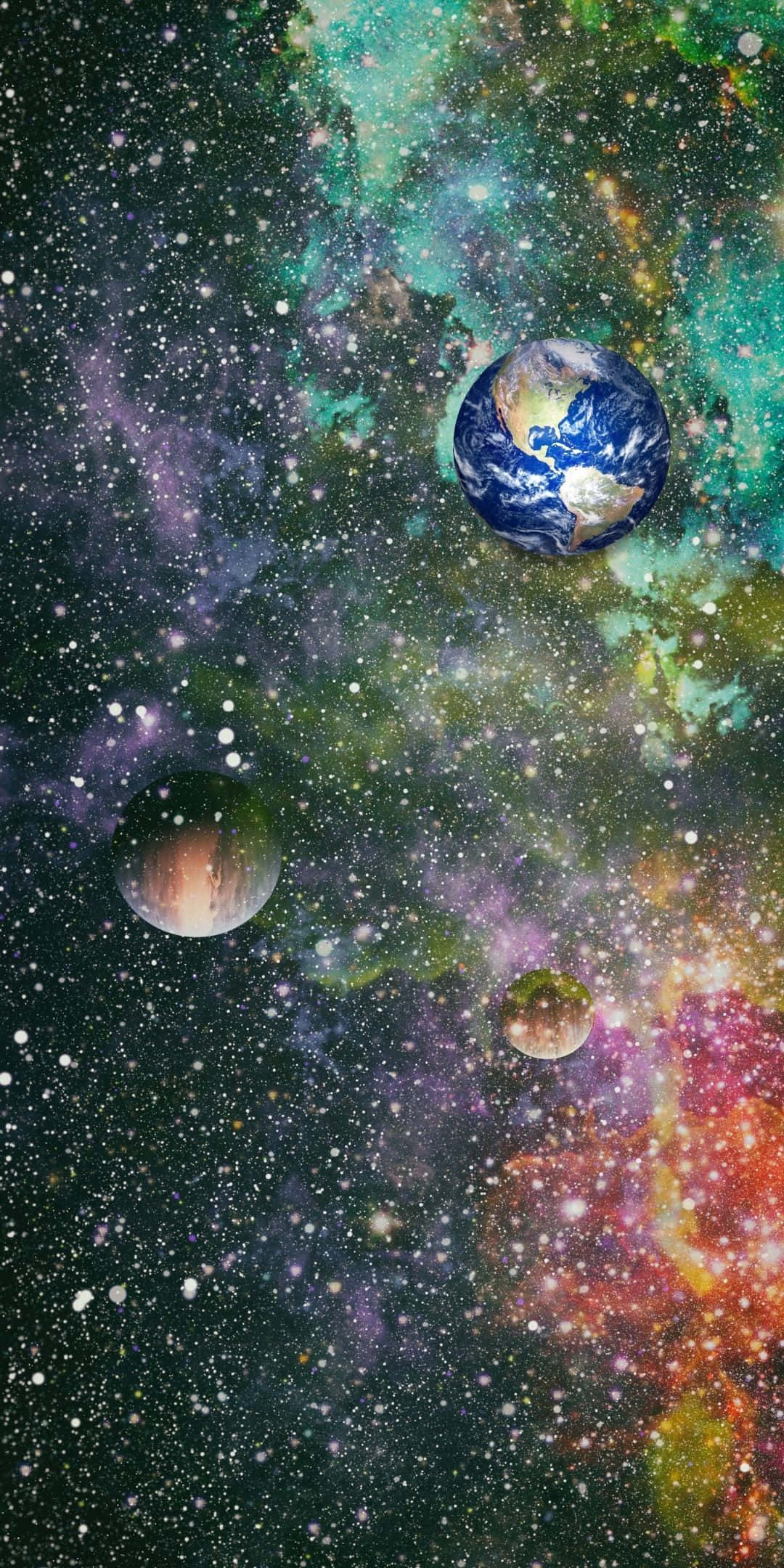 保持冷靜 壁紙 — 充滿活力的宇宙星雲在一個佈滿恆星的星系中圍繞地球和另外兩顆行星旋轉。