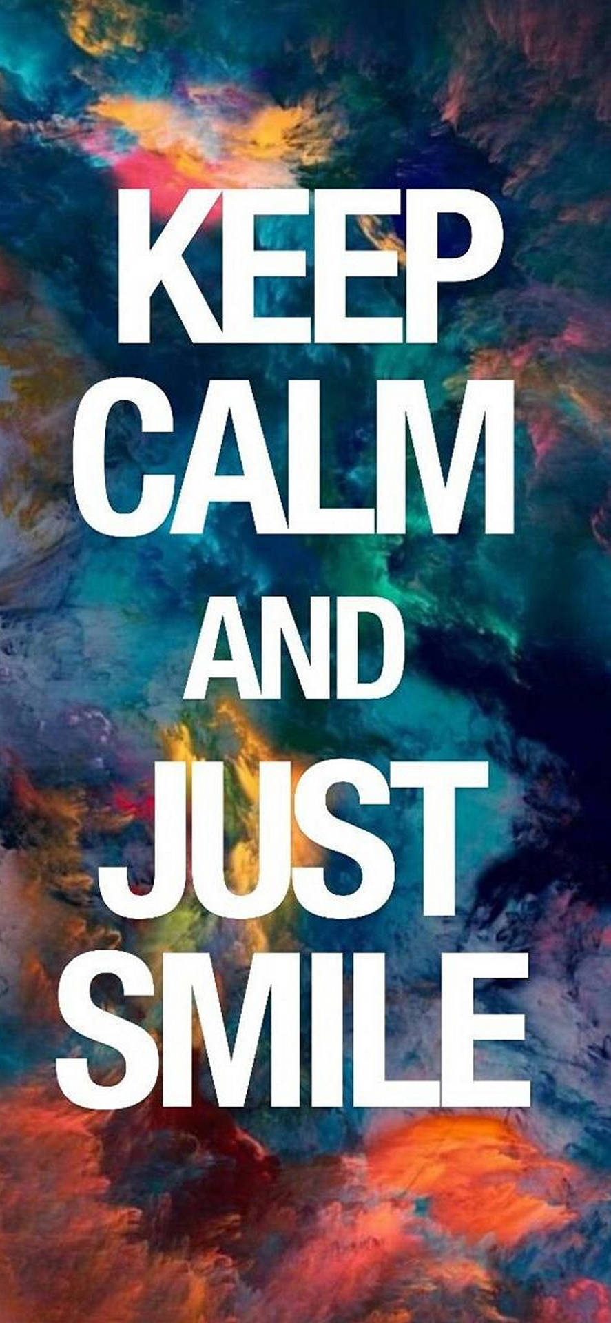 宇宙星雲背景，帶有粗體白色勵志文字「KEEP CALM AND JUST SMILE」。