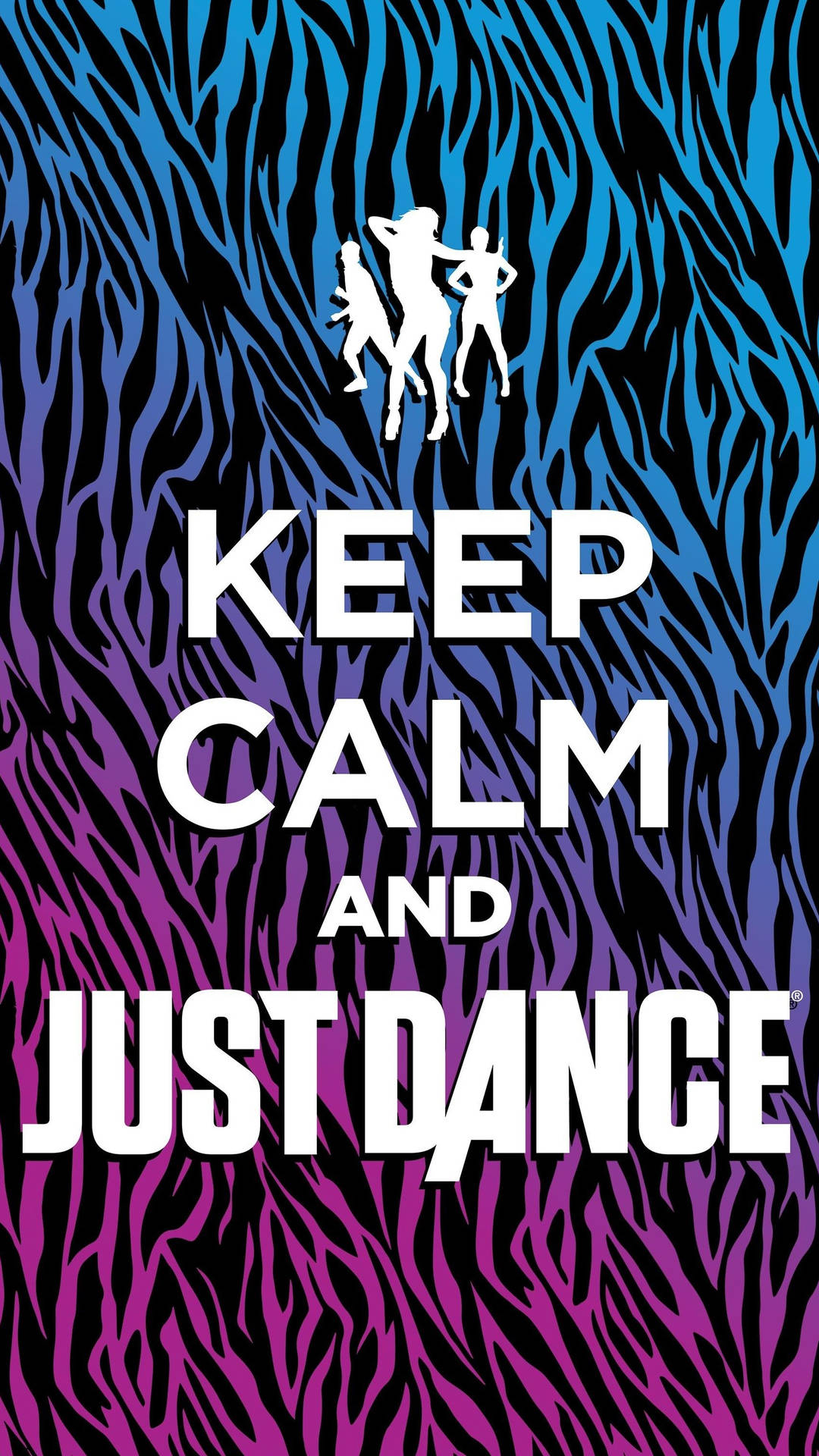 保持冷靜，只管跳舞 壁紙 — 粗體白色文字「KEEP CALM AND JUST DANCE」出現在充滿活力的藍紫色斑馬紋背景上，並帶有舞者剪影。