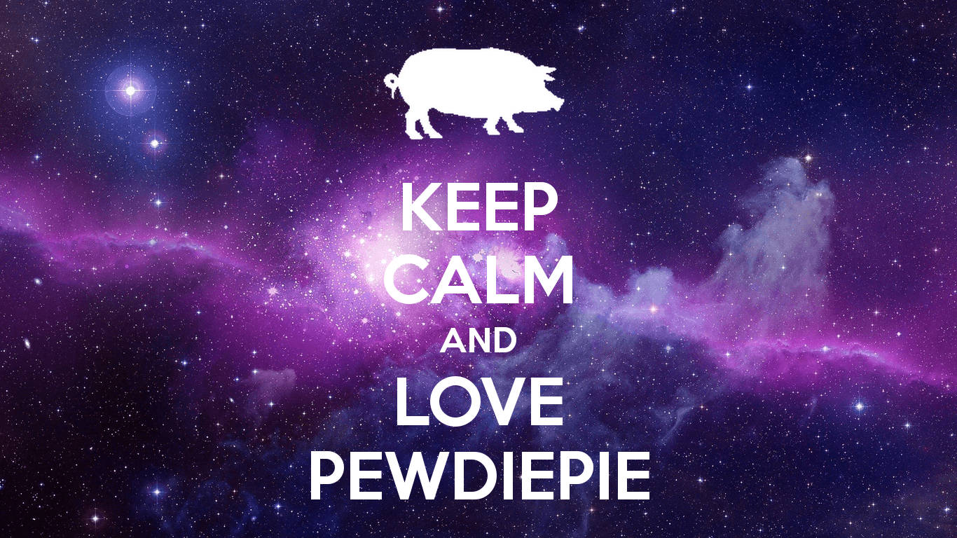 保持冷靜，支持 PewDiePie 壁紙 — 一隻白色豬的剪影和文字漂浮在充滿活力的紫色和藍色星空星雲天空上。