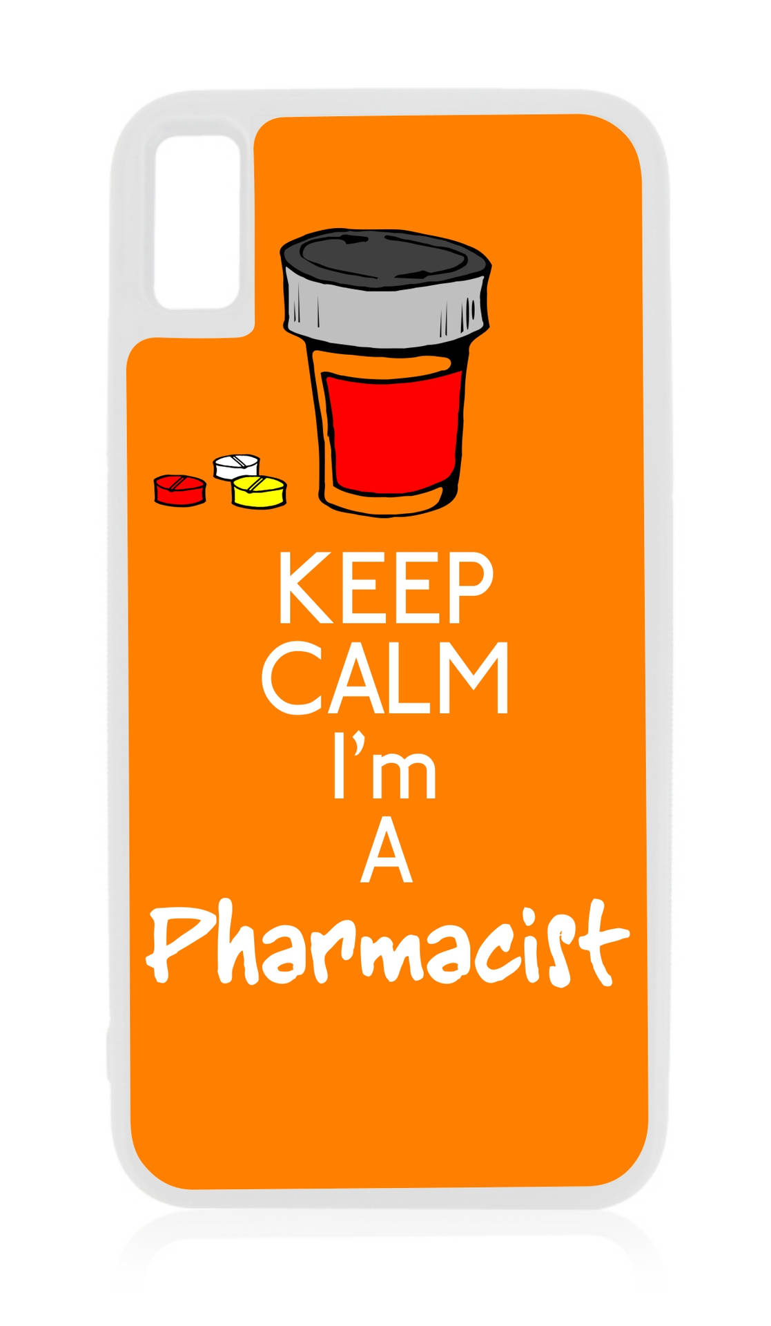 帶有卡通藥房主題和「Keep Calm I'm a Pharmacist」文字的手機殼。 — 橙色動態圖 壁紙