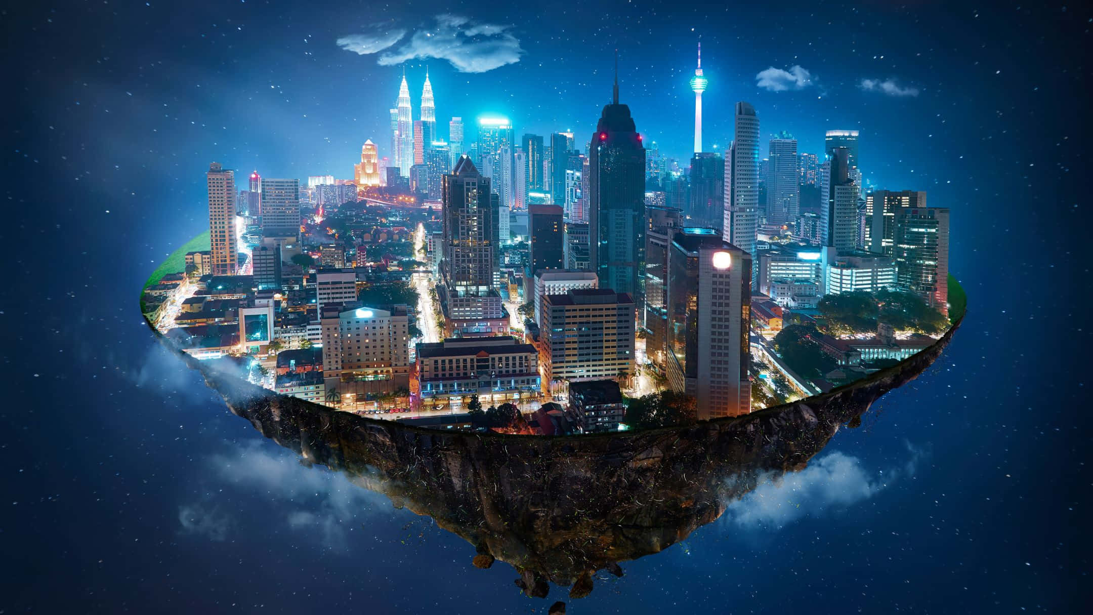 保持冷靜與放鬆 壁紙 — 夜晚的浮島城市，發光的摩天大樓和下方的星空。