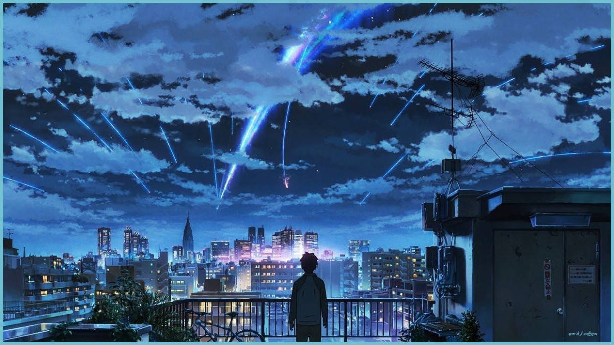 人在屋頂觀看夜間城市上空的藍色流星