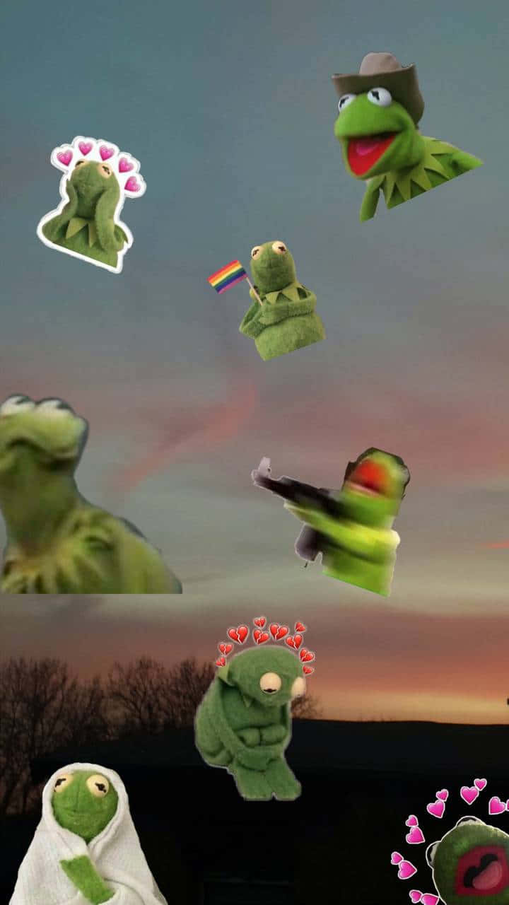 Kermit the Frog 迷因漂浮在暮色天空中，帶有心形和彩虹旗。