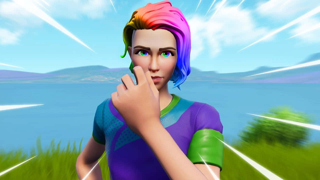 擁有彩虹色頭髮和綠色眼睛的Fortnite角色，戶外站在水邊。
