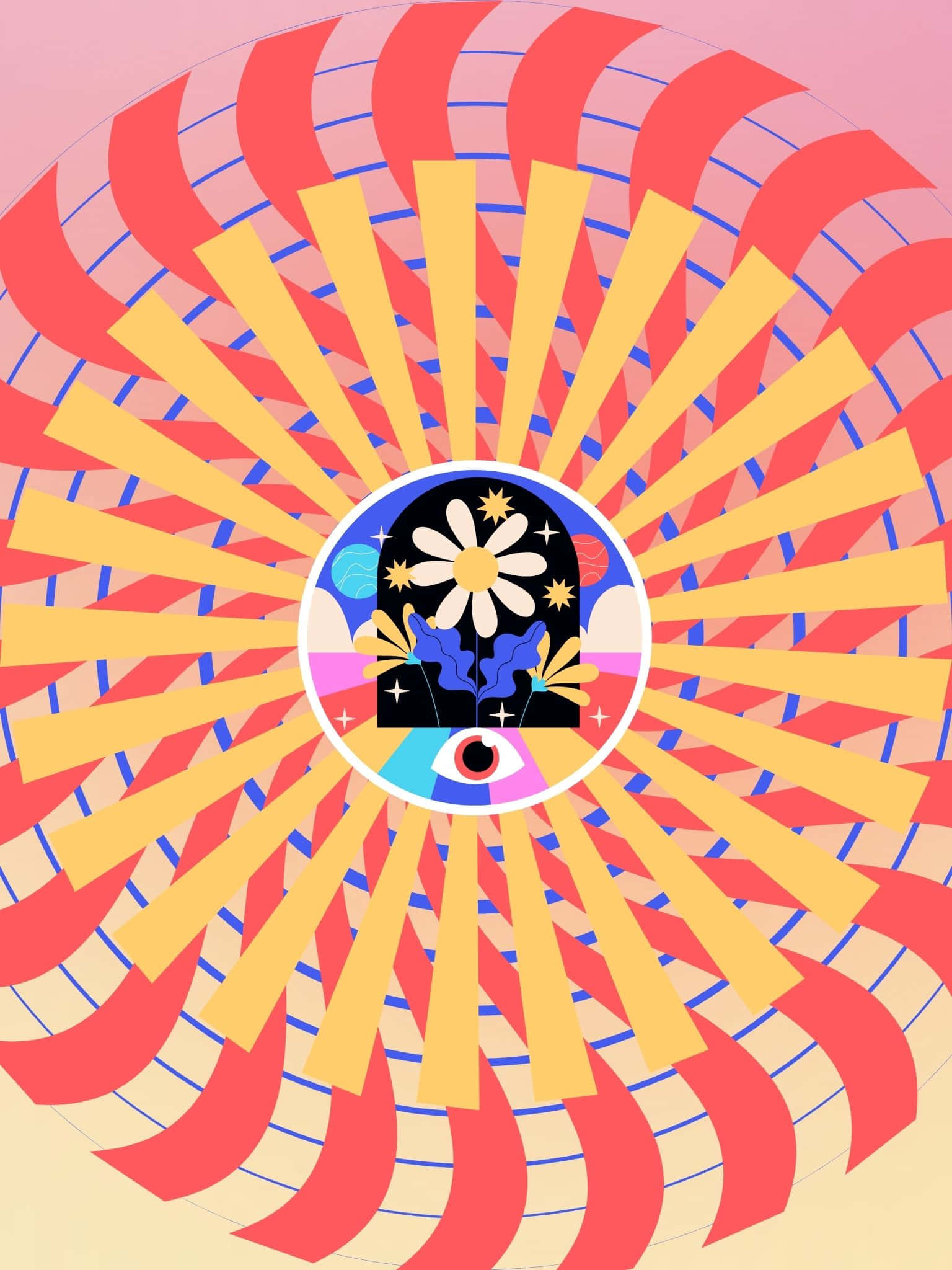 保持涼爽！ 壁紙 — 一幅充滿活力的抽象插圖，以中央圓形圖案為特色，中心有花朵眼睛，周圍環繞著放射狀的黃色光束和同心紅色條紋。