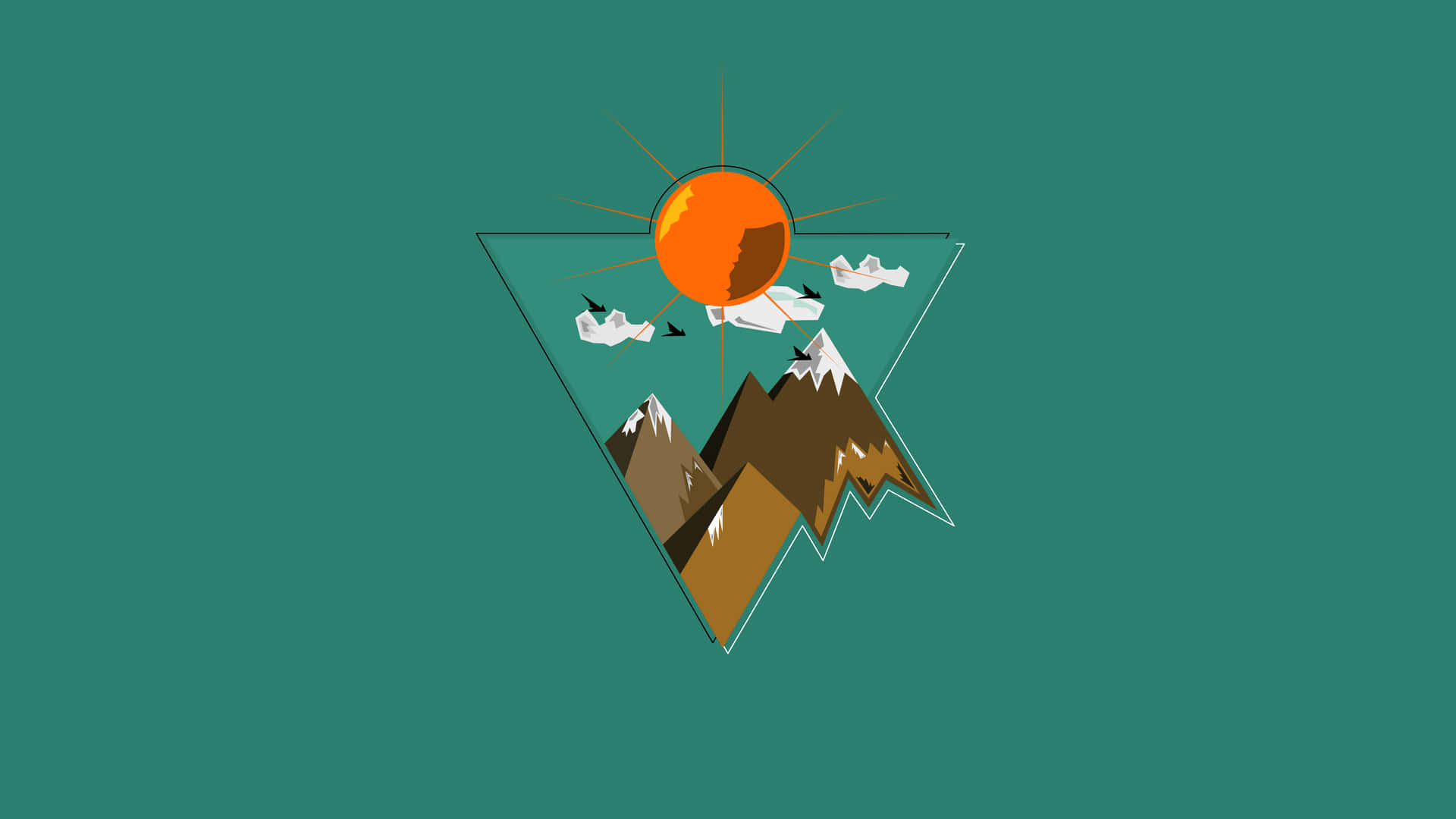 三角形山景，帶有太陽和雲朵，背景為青綠色。