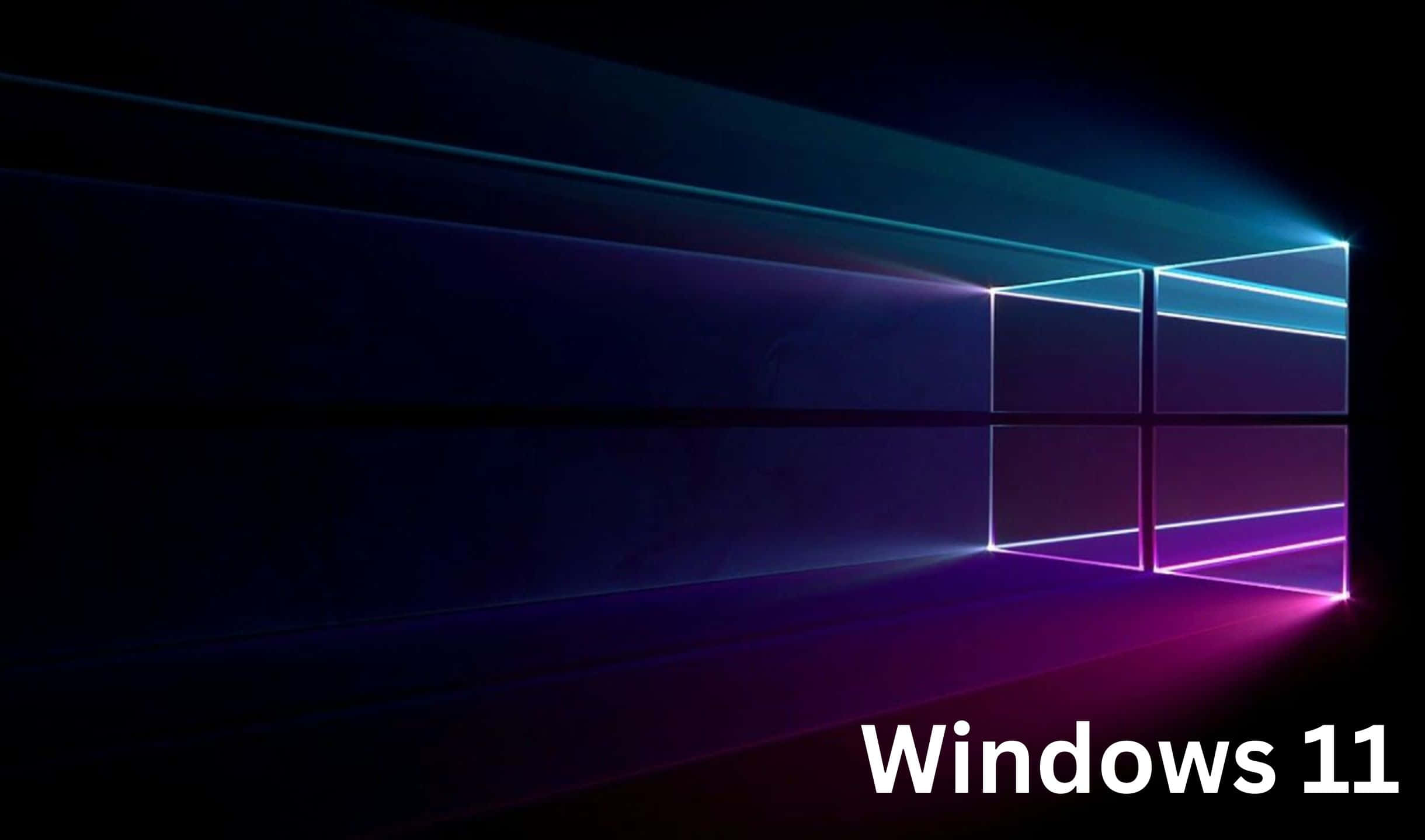 在黑暗數位空間中發光的藍色和紫色窗口標誌，帶有Windows 11文字。