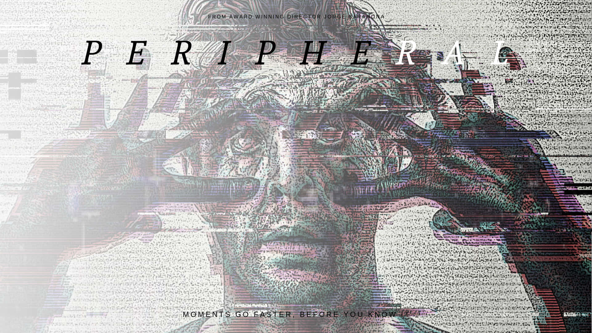 帶有數位扭曲和文字疊加的男性故障效果肖像。