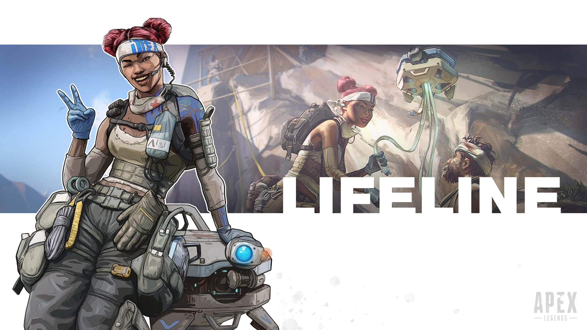 來自Apex Legends的遊戲角色生命線微笑著比出和平手勢，並帶著她的醫療裝備。