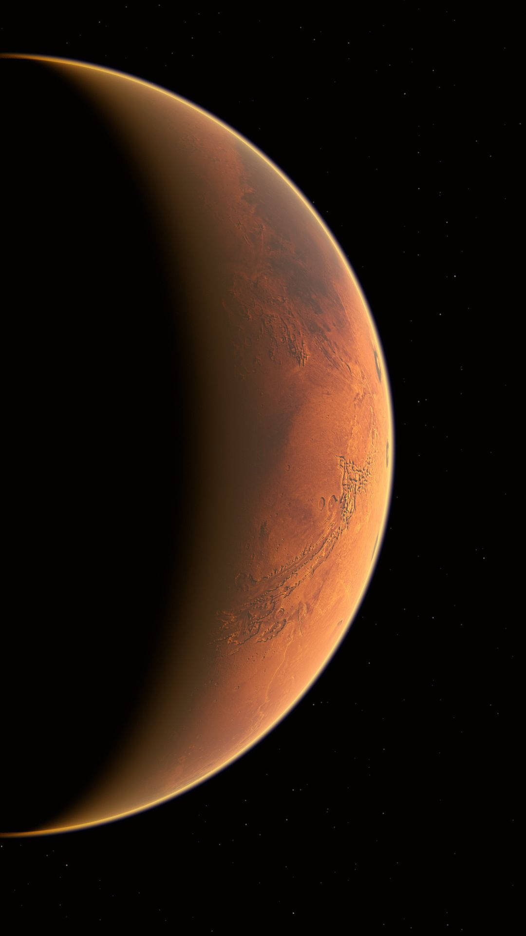 新月形火星在太空中發出橙色光芒，表面細節和星空背景清晰可見。