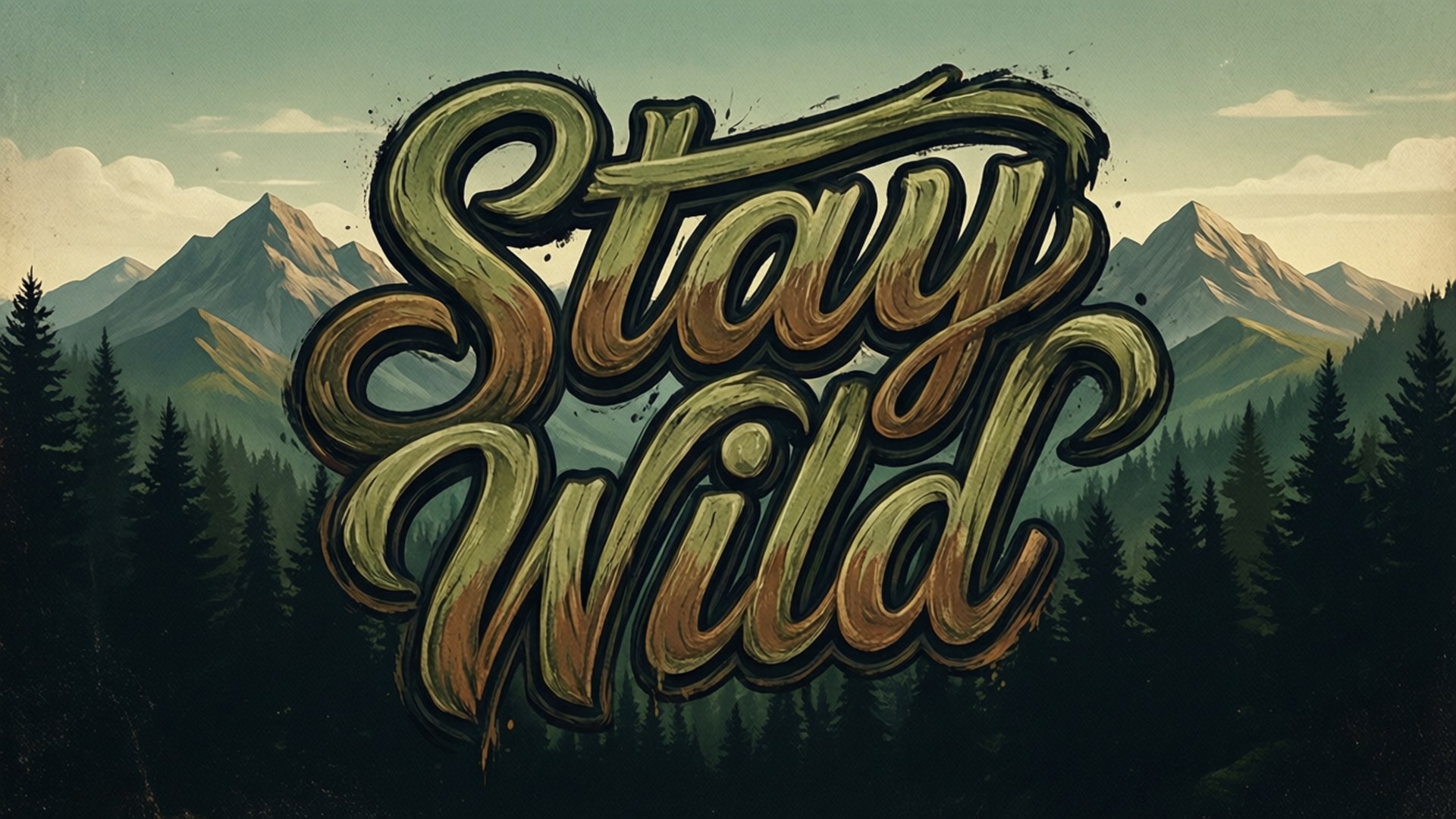 Stay Wild 文字以風格化字體呈現於山林景觀之上
