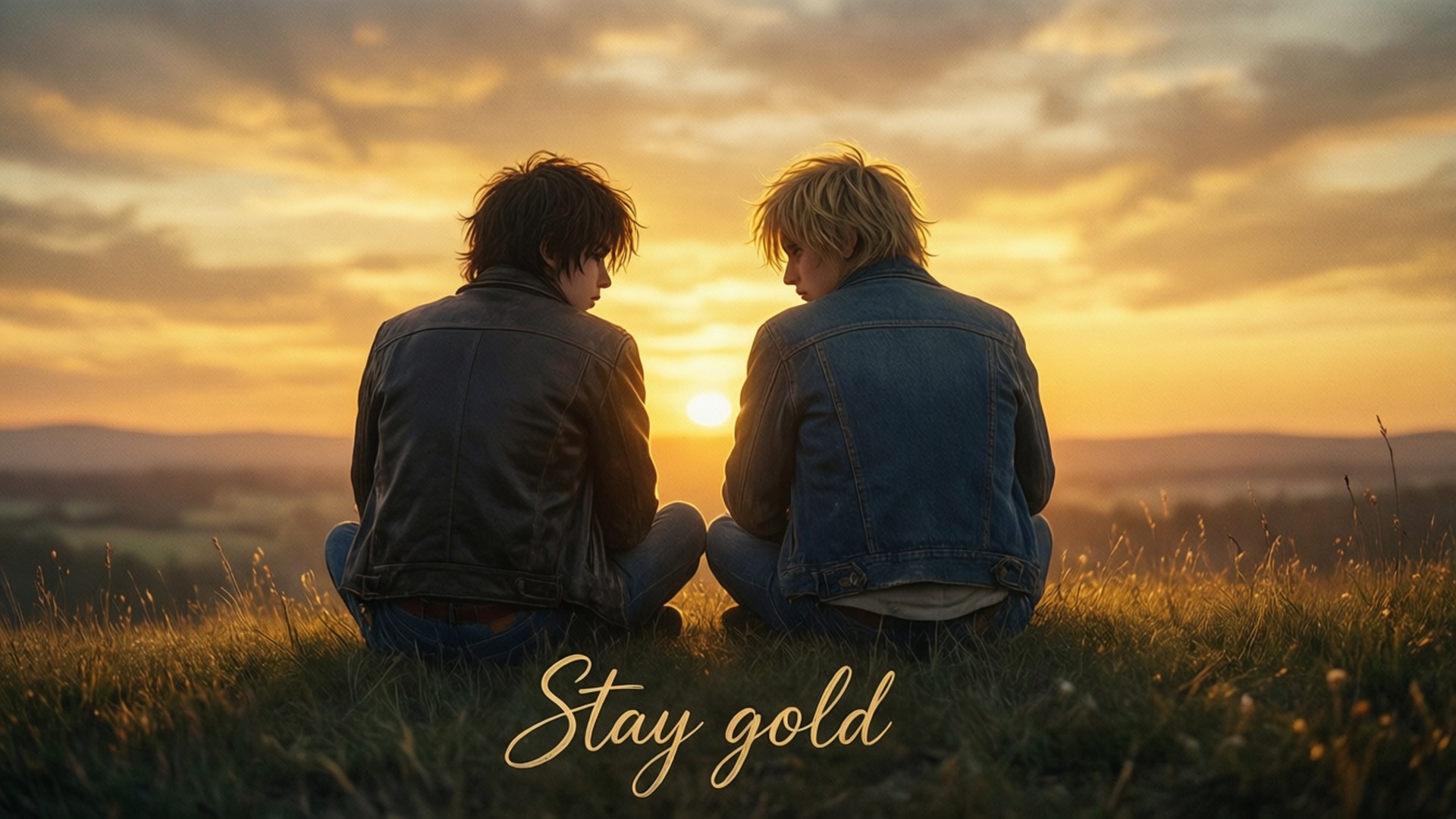 兩個人坐在山丘上看日落，附有文字 stay gold
