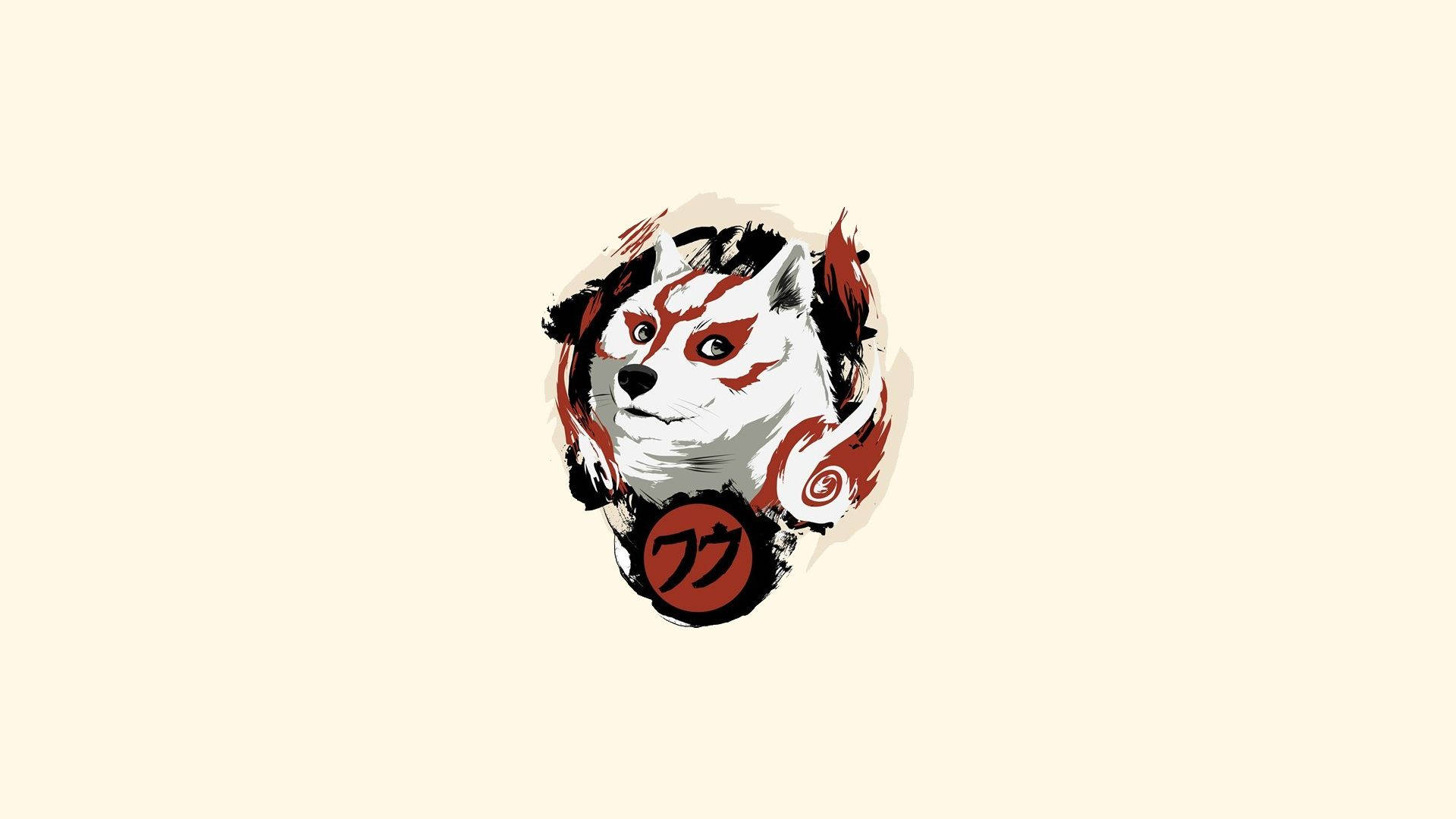一隻風格化的日本狐狸插圖，帶有紅色和黑色標記和一個漢字符號。