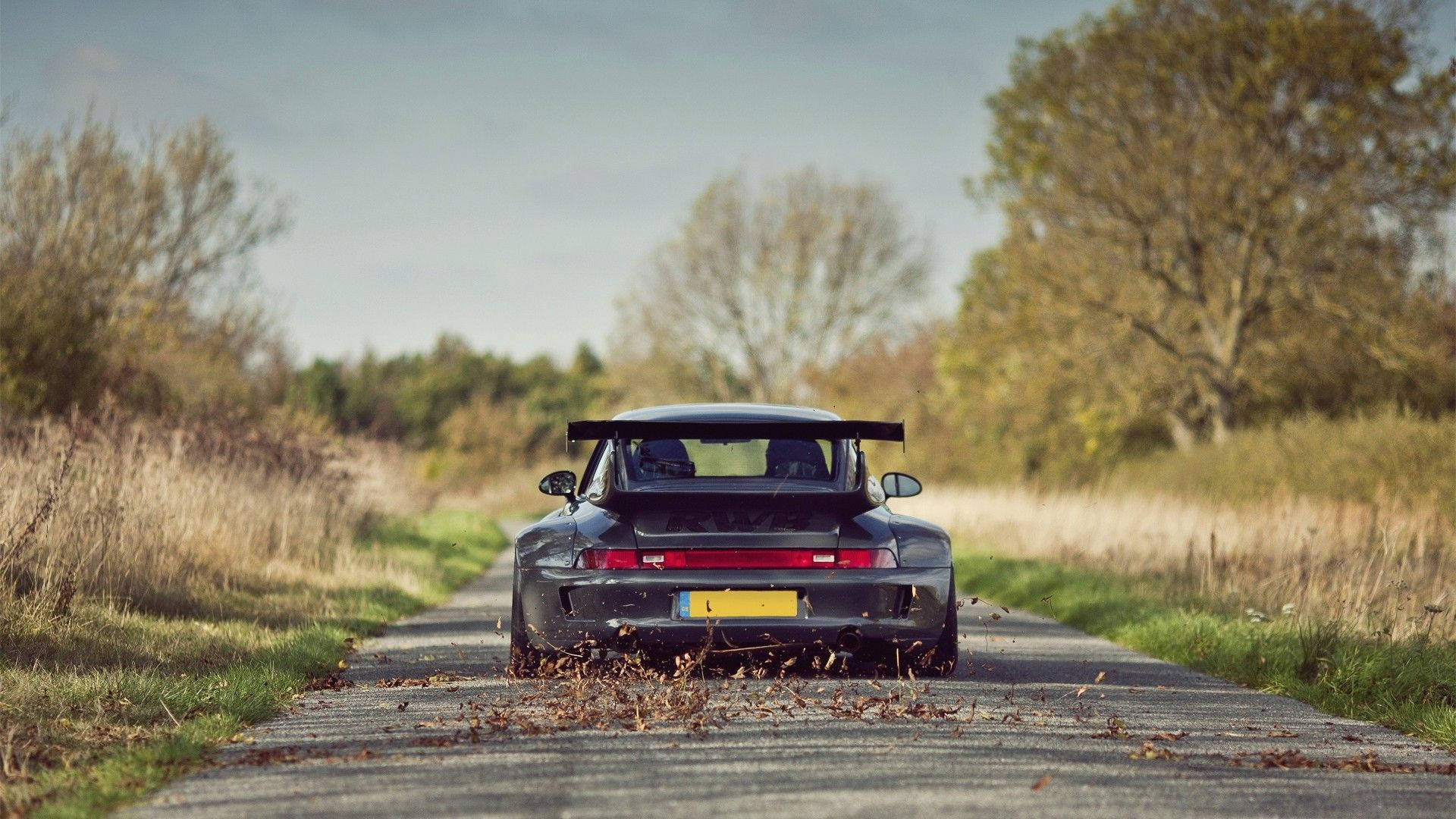 黑色保時捷911 Turbo在鄉村道路上行駛，散落秋天的落葉。