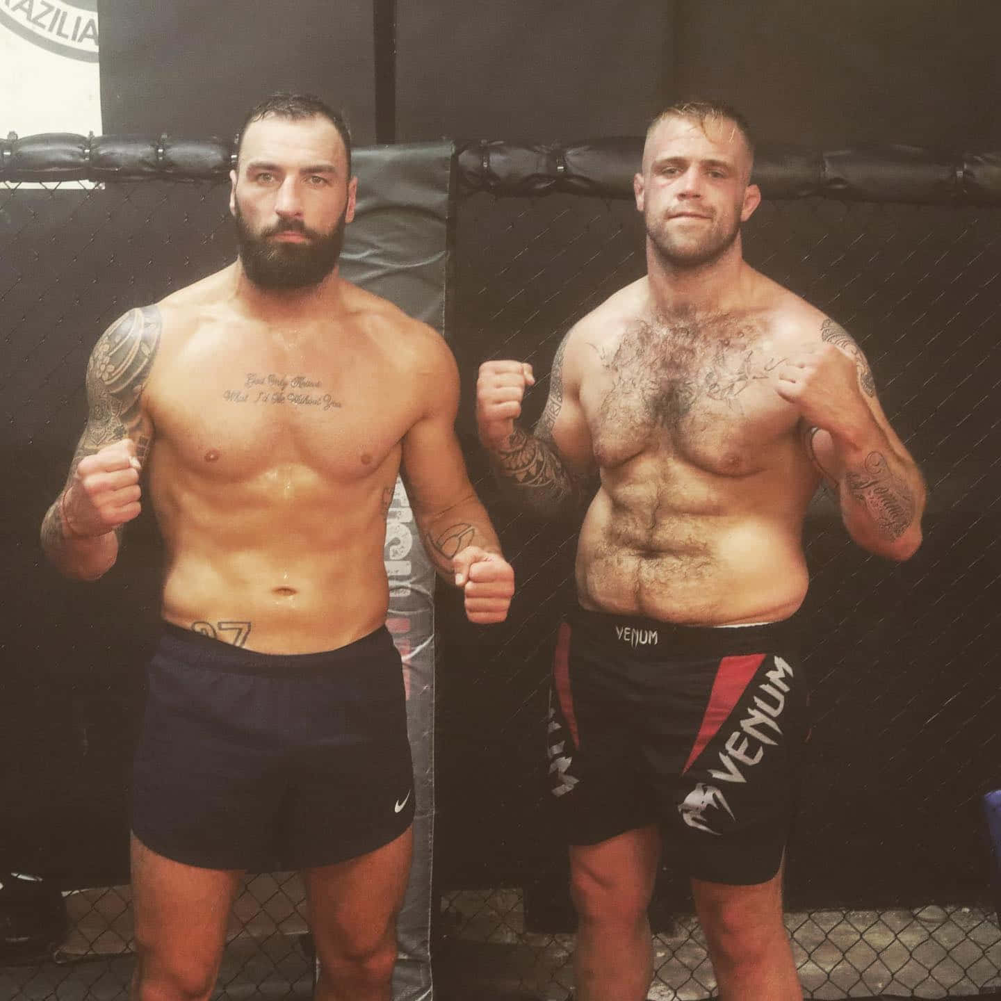 兩名紋身MMA鬥士在格鬥籠內舉起拳頭擺姿勢。